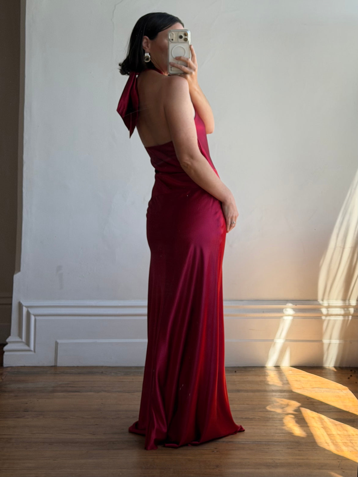 Vintage 90s Crimson Satin Ruched Bias Gown