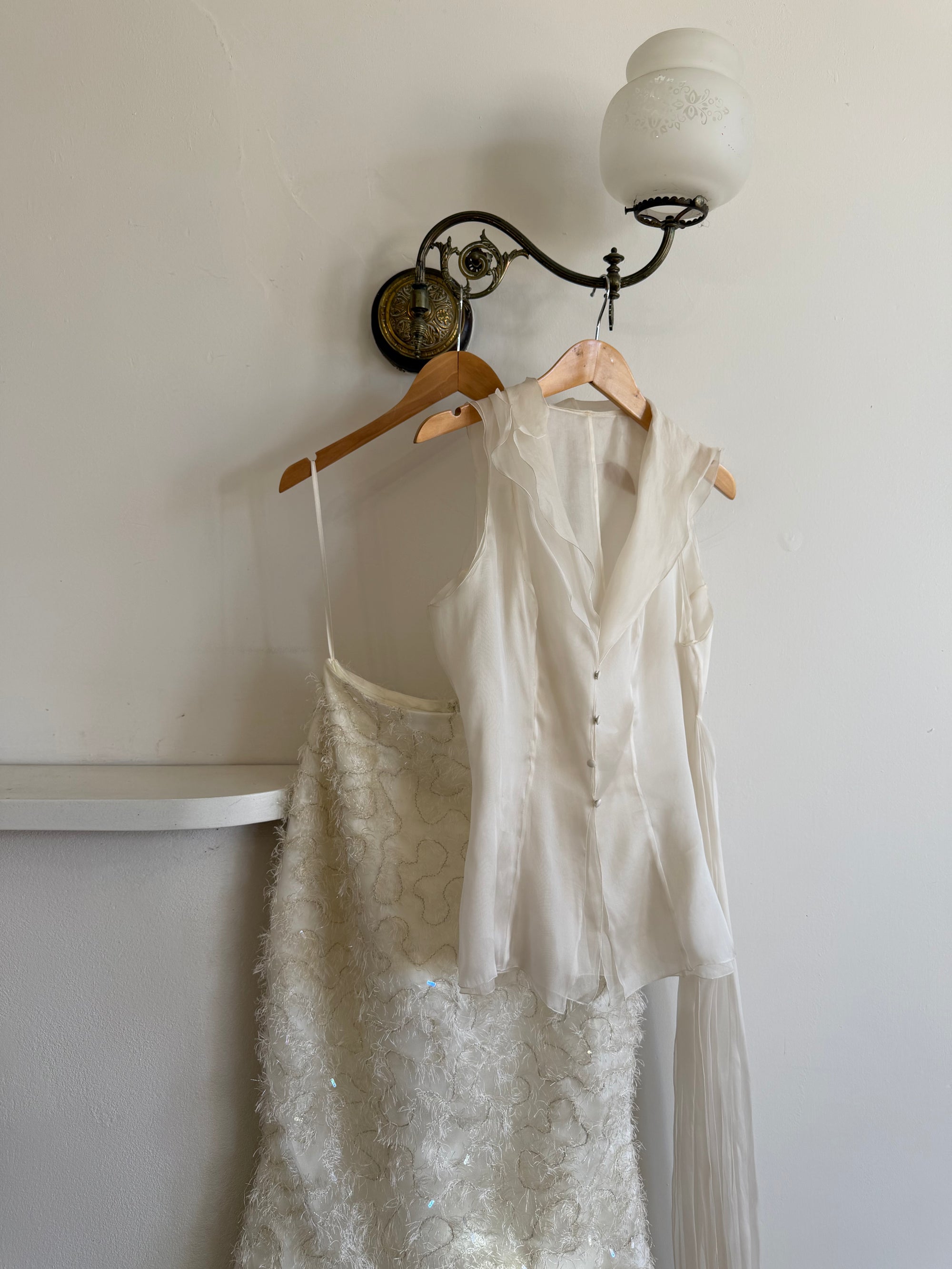 Vintage 90s Italian Organza Tie Top and Feather Skirt Bridal Set