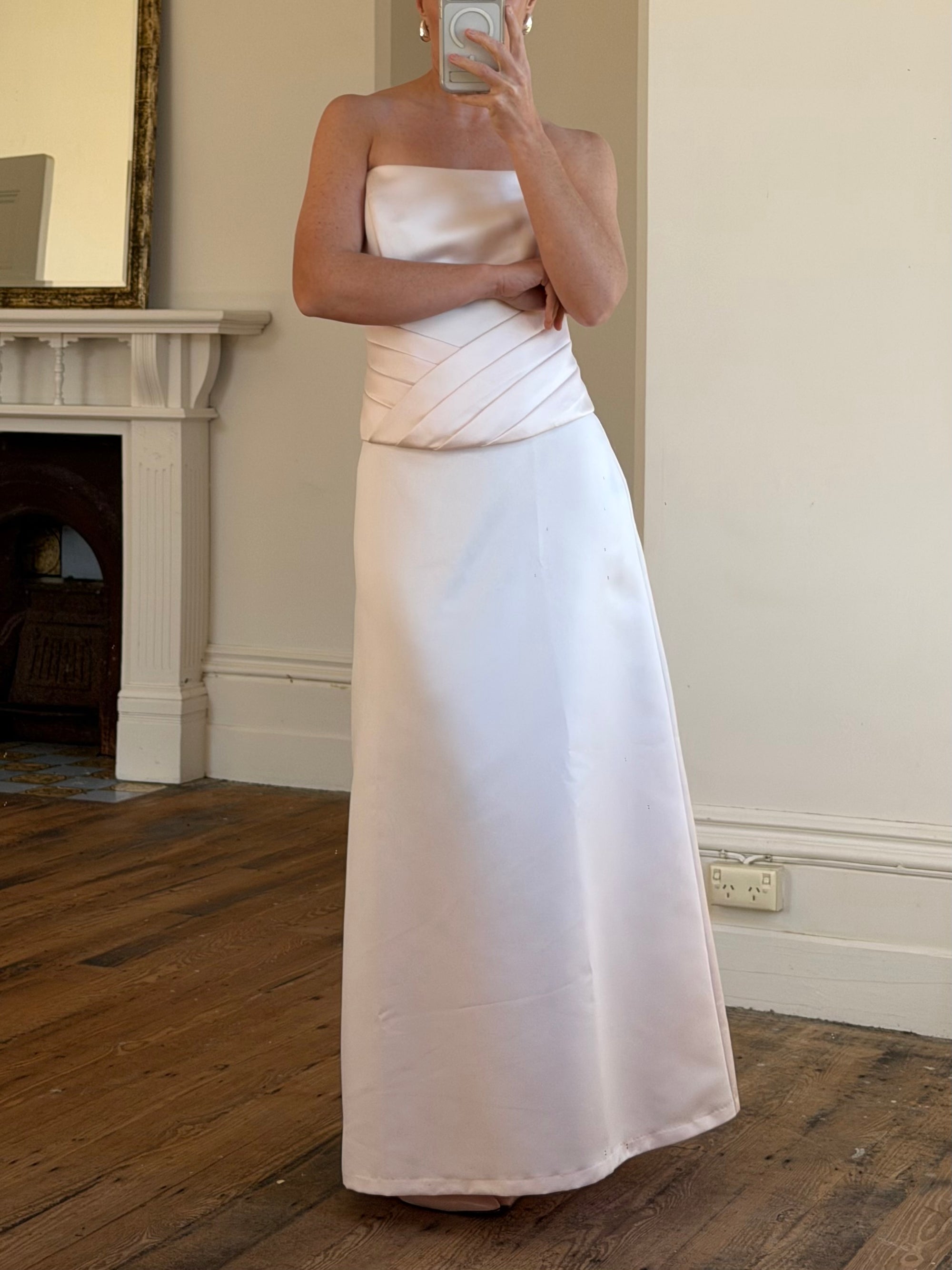 Vintage 90s Baby Pink Satin Pleated Bustier and Skirt Set