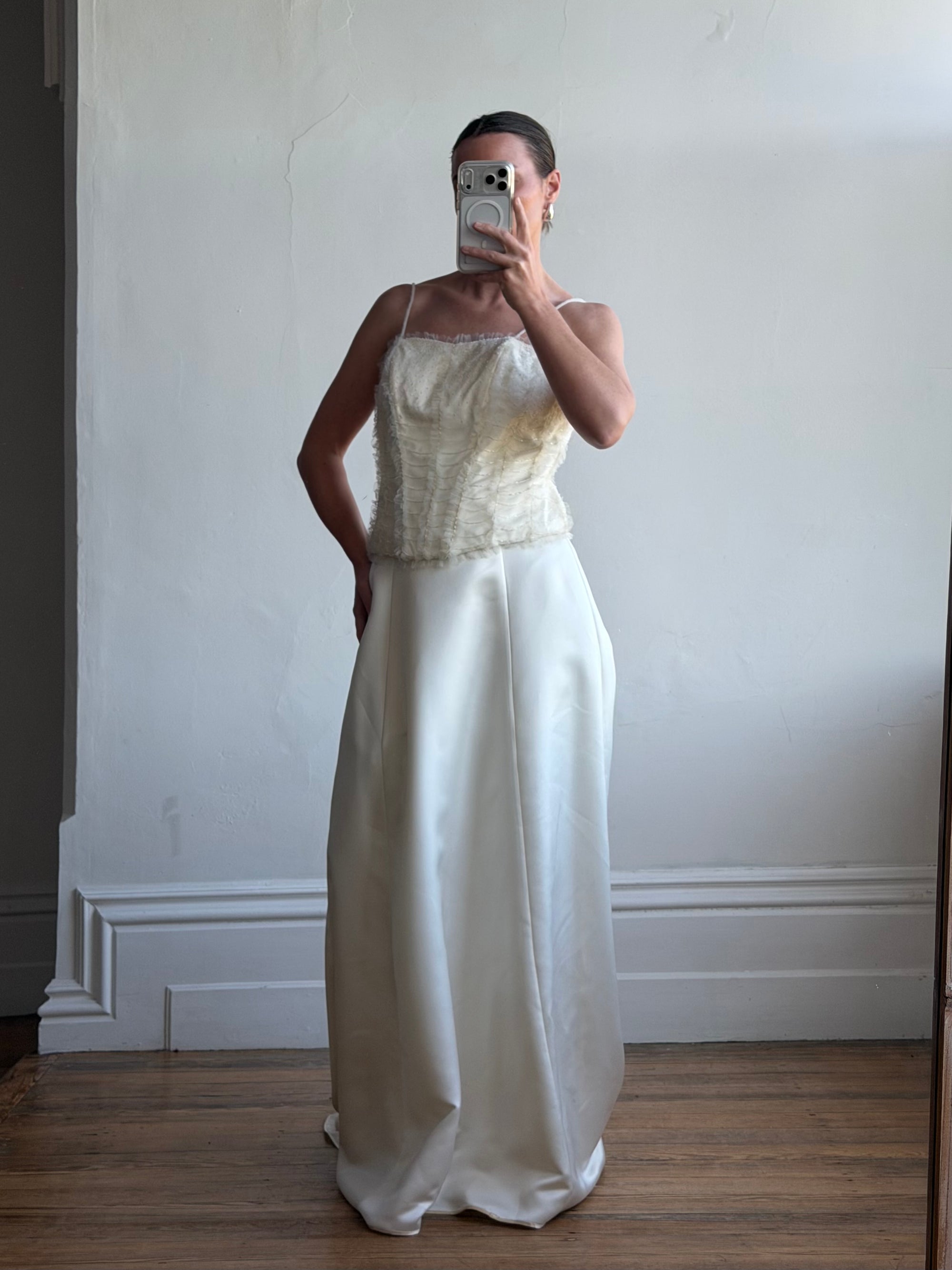Vintage 90s Italian Bridal Fairy Tulle Embroidered Bustier and Satin Skirt
