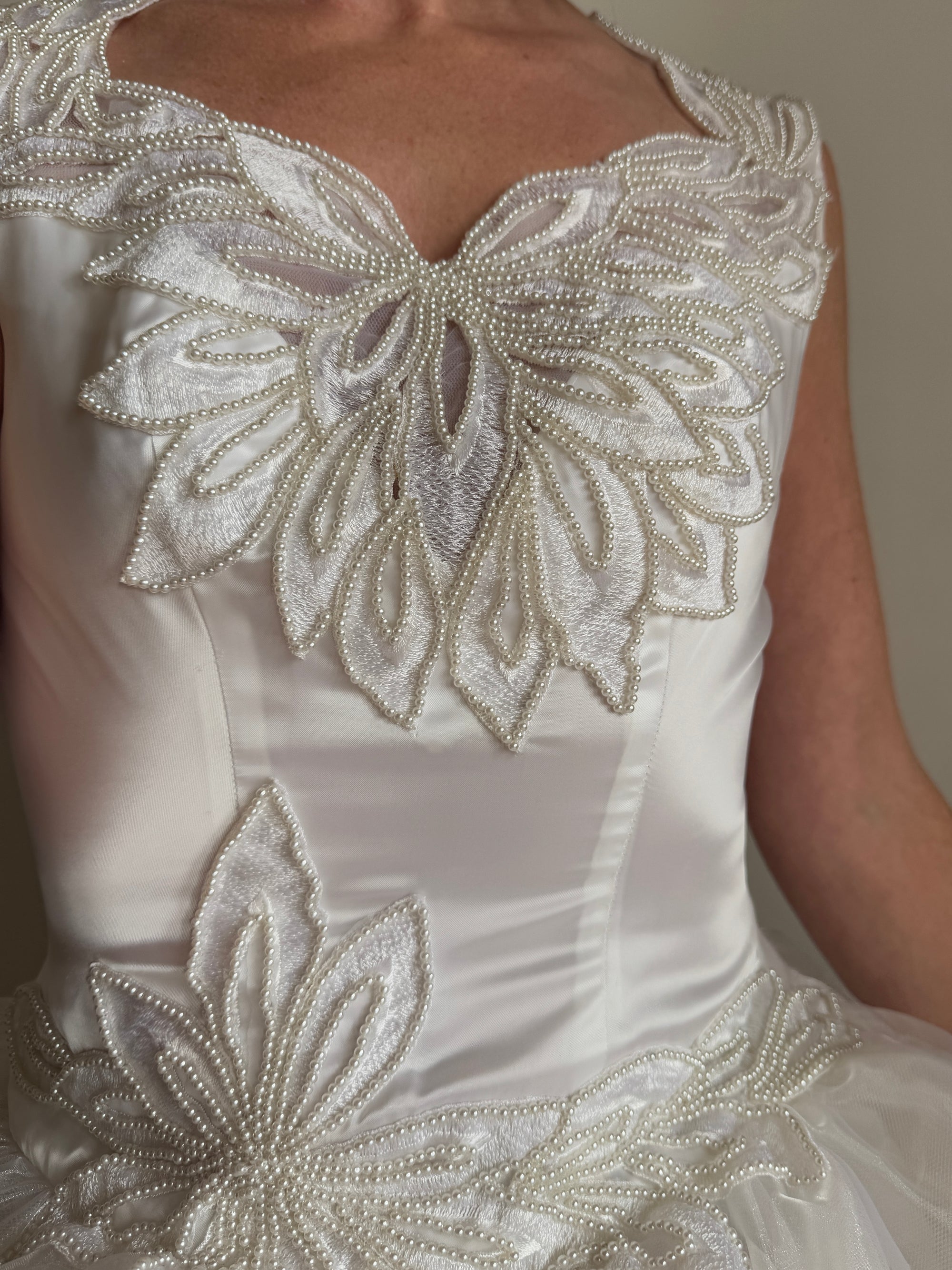 Vintage 80s Pearl Embellished Chiffon Princess Wedding Dress