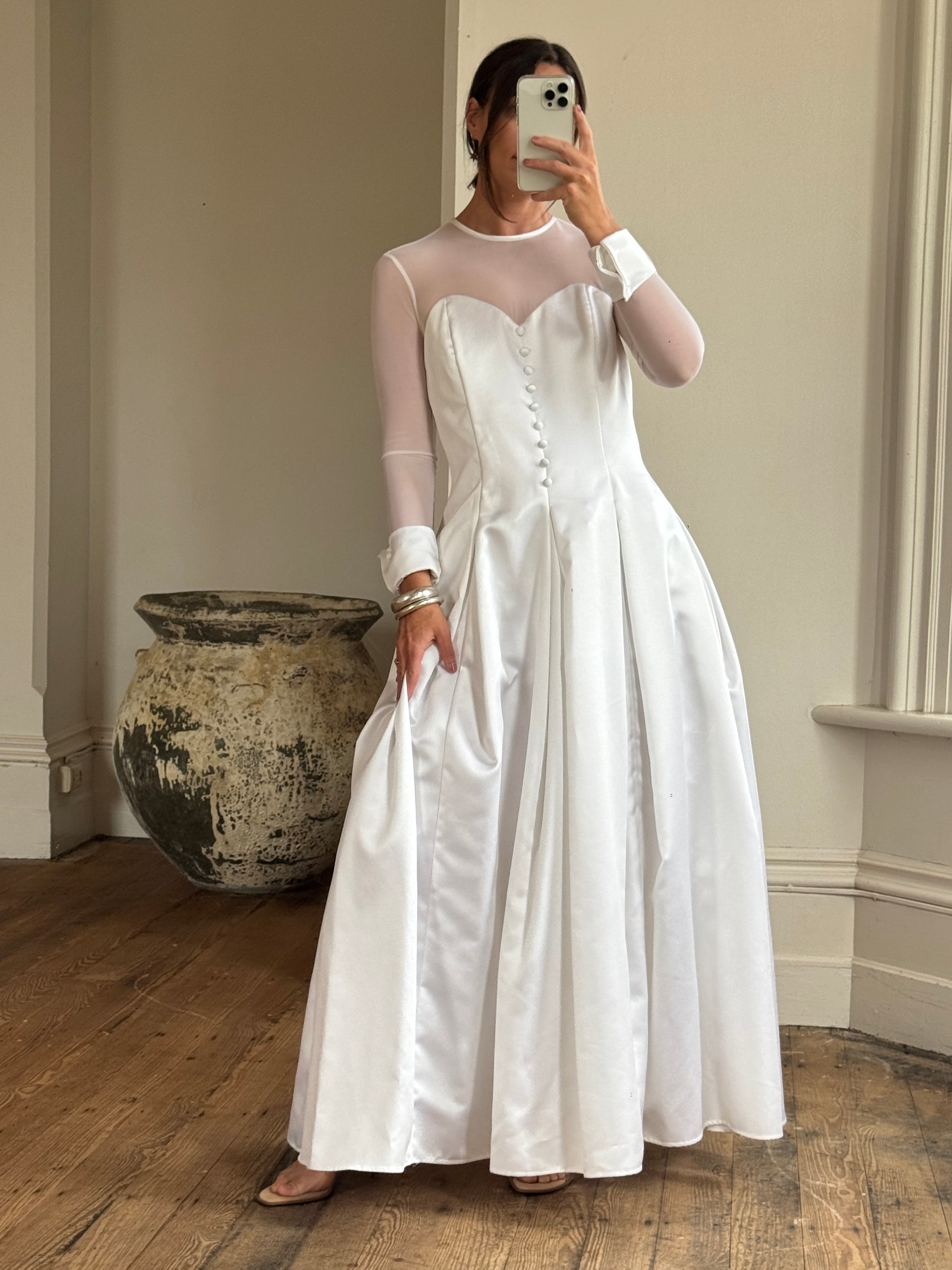 Vintage 90s Tailored Mesh Long Sleeved Wedding Gown