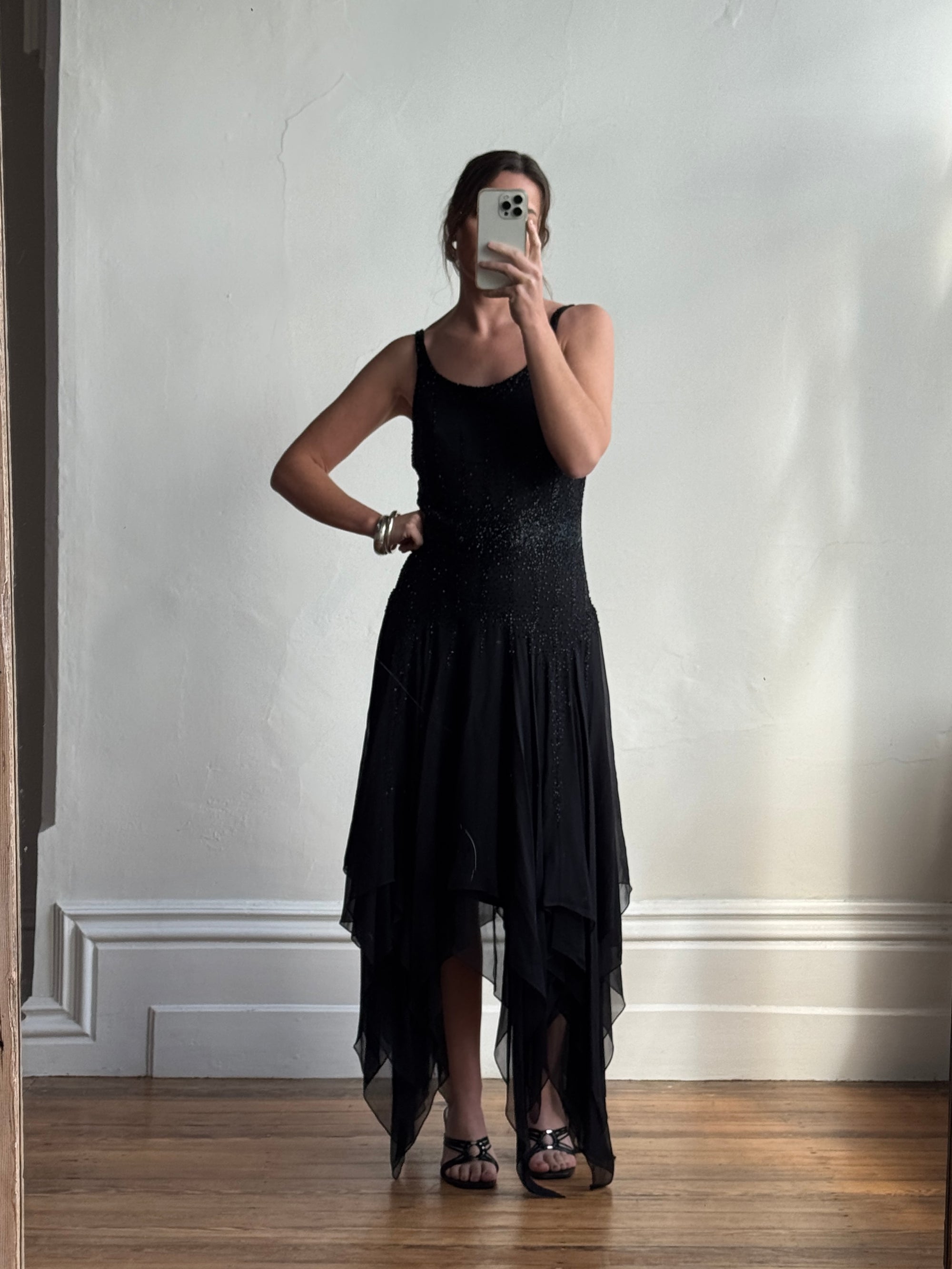 Vintage 90s Pure Silk Backless Beaded Fairy Dress Noir