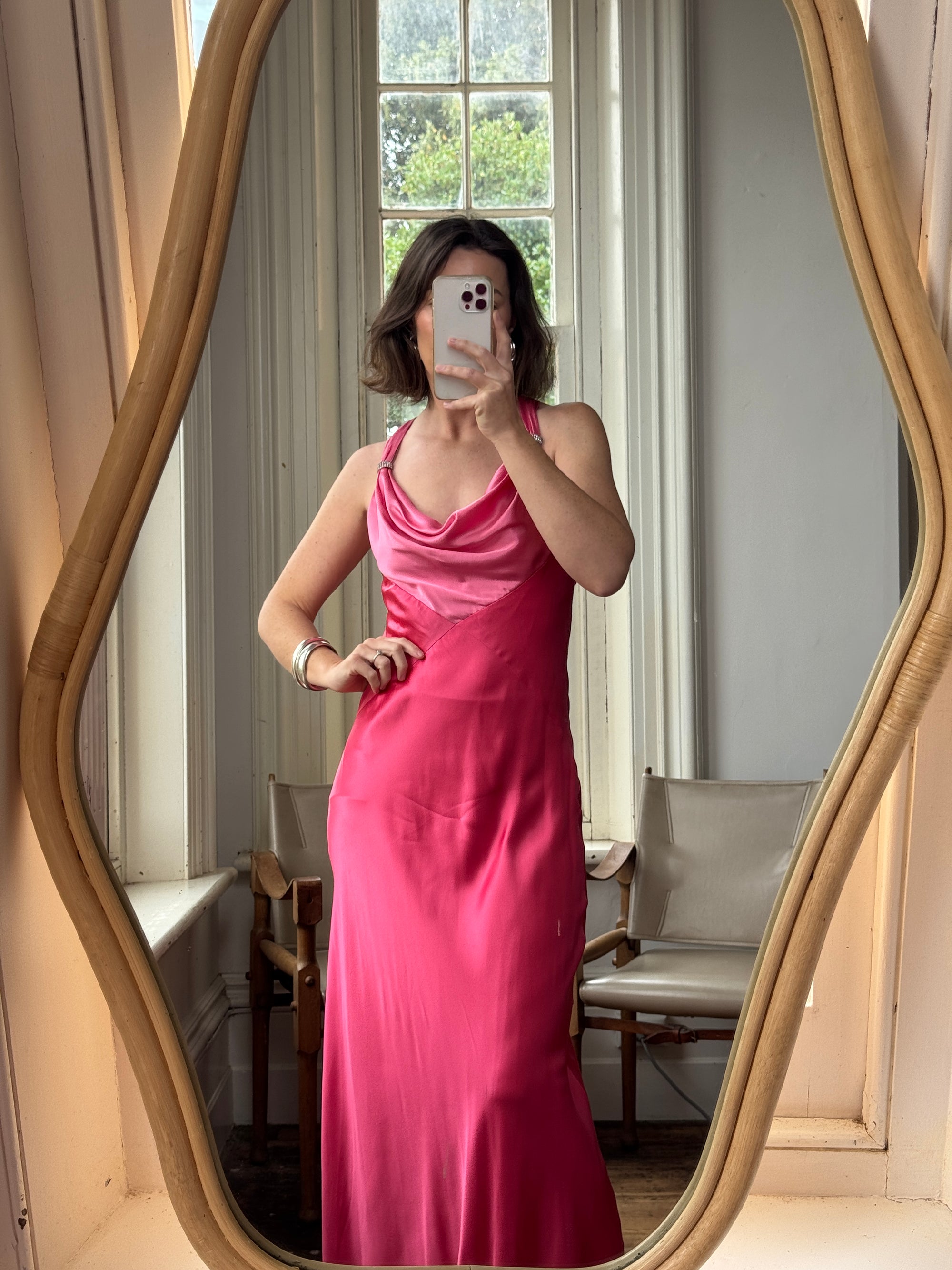 Vintage 90s Pure Silk Bias Cut Slip Dress With Rhinestones Hot Pink