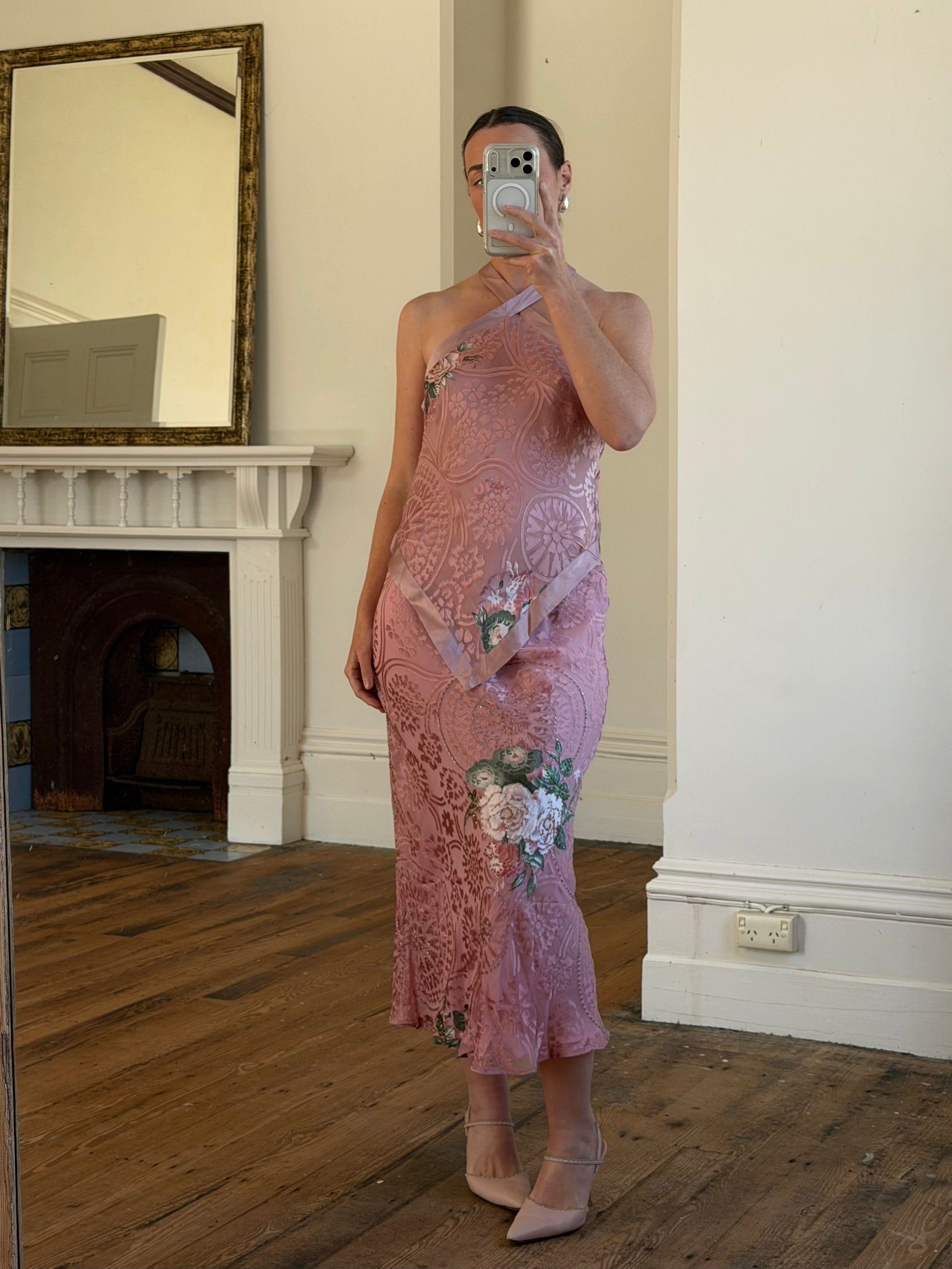 Vintage 90s Dusty Rose Floral Silk Halter Scarf Top and Skirt Set