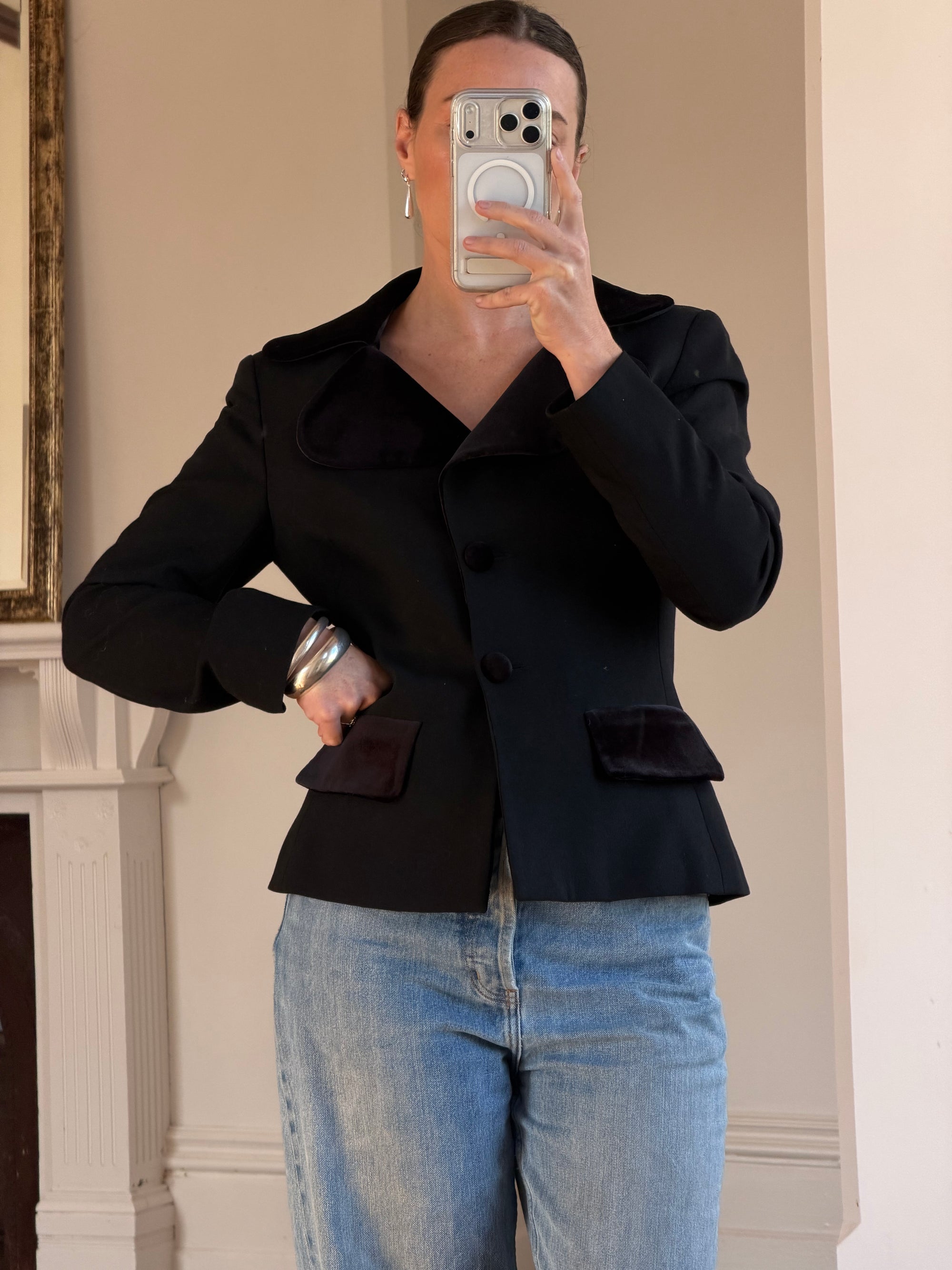Vintage 90s Velvet Cloverleaf Blazer Noir