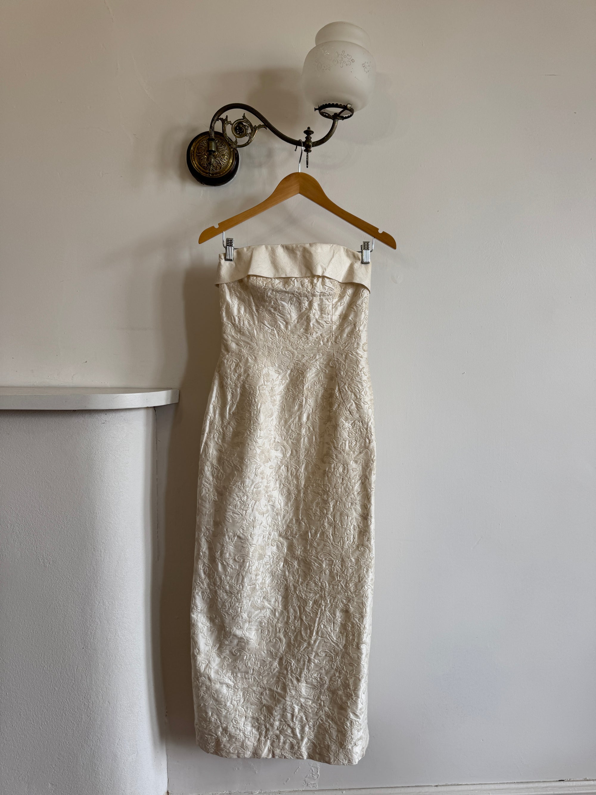 Vintage 90s Pure Silk Jacquard Strapless Bridal Midi