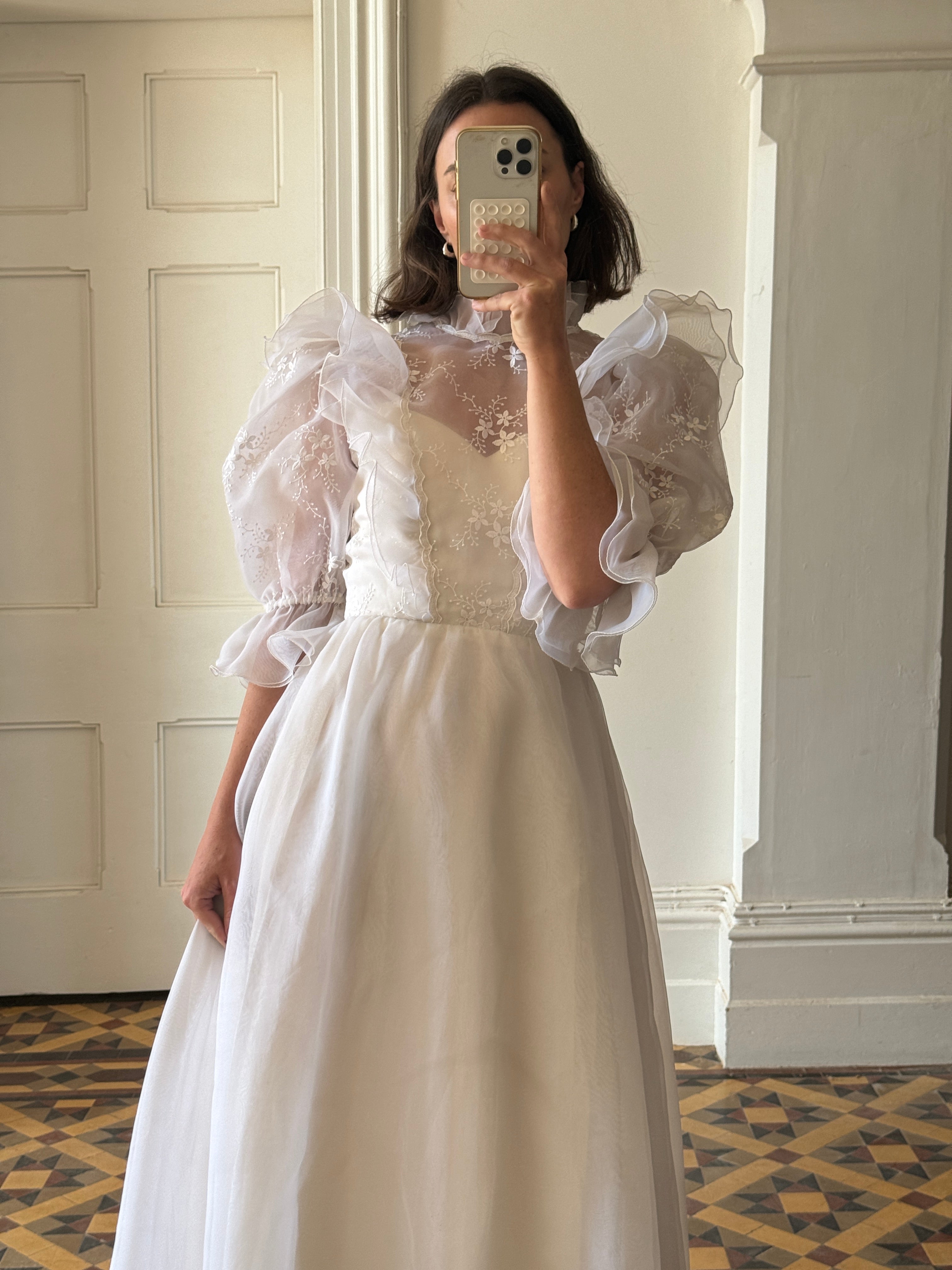 Vintage 80s Ruffled Sheer Organza Wedding Dress