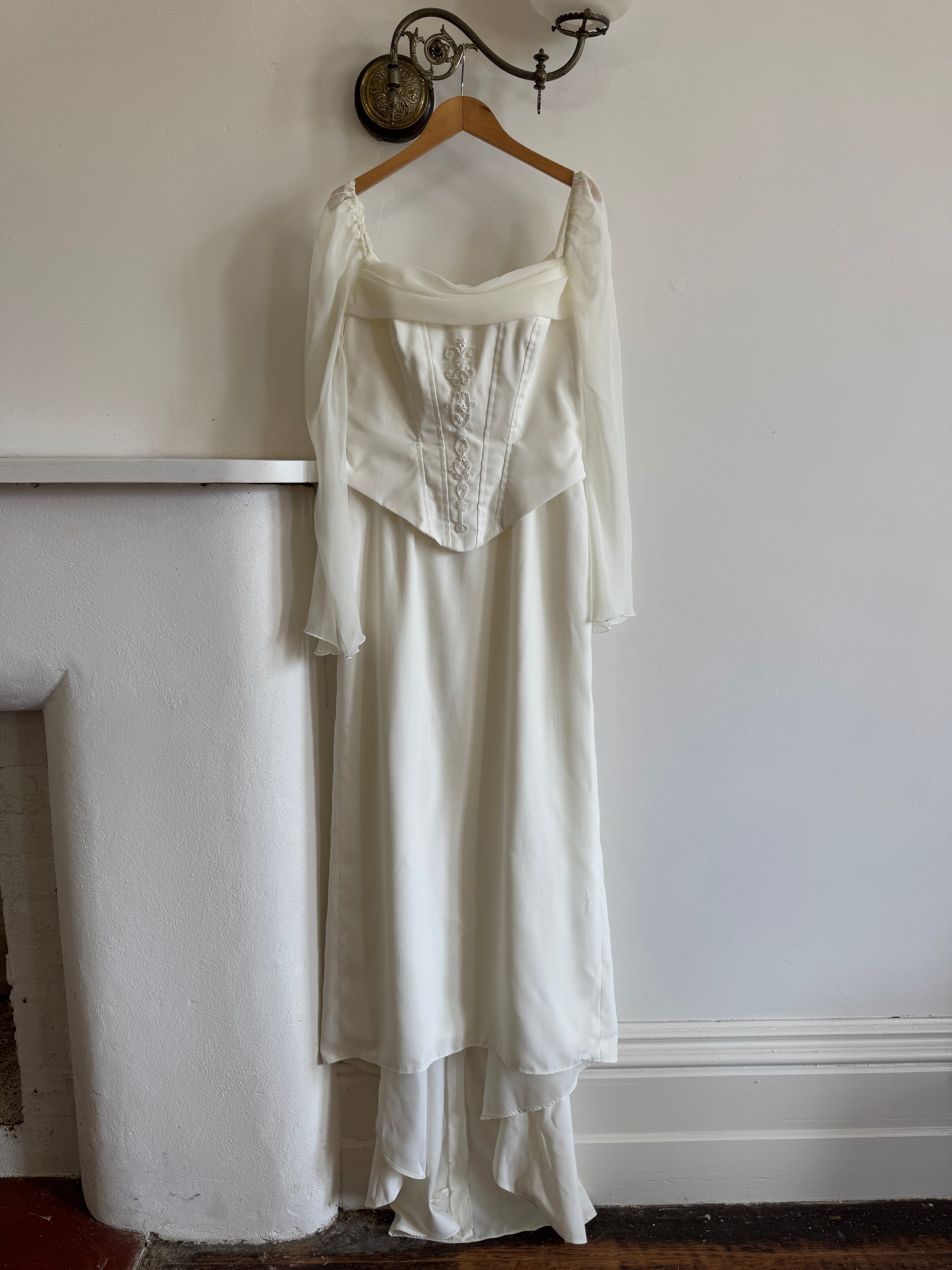 Vintage 80s Chiffon Sleeve Wedding Dress With Corset