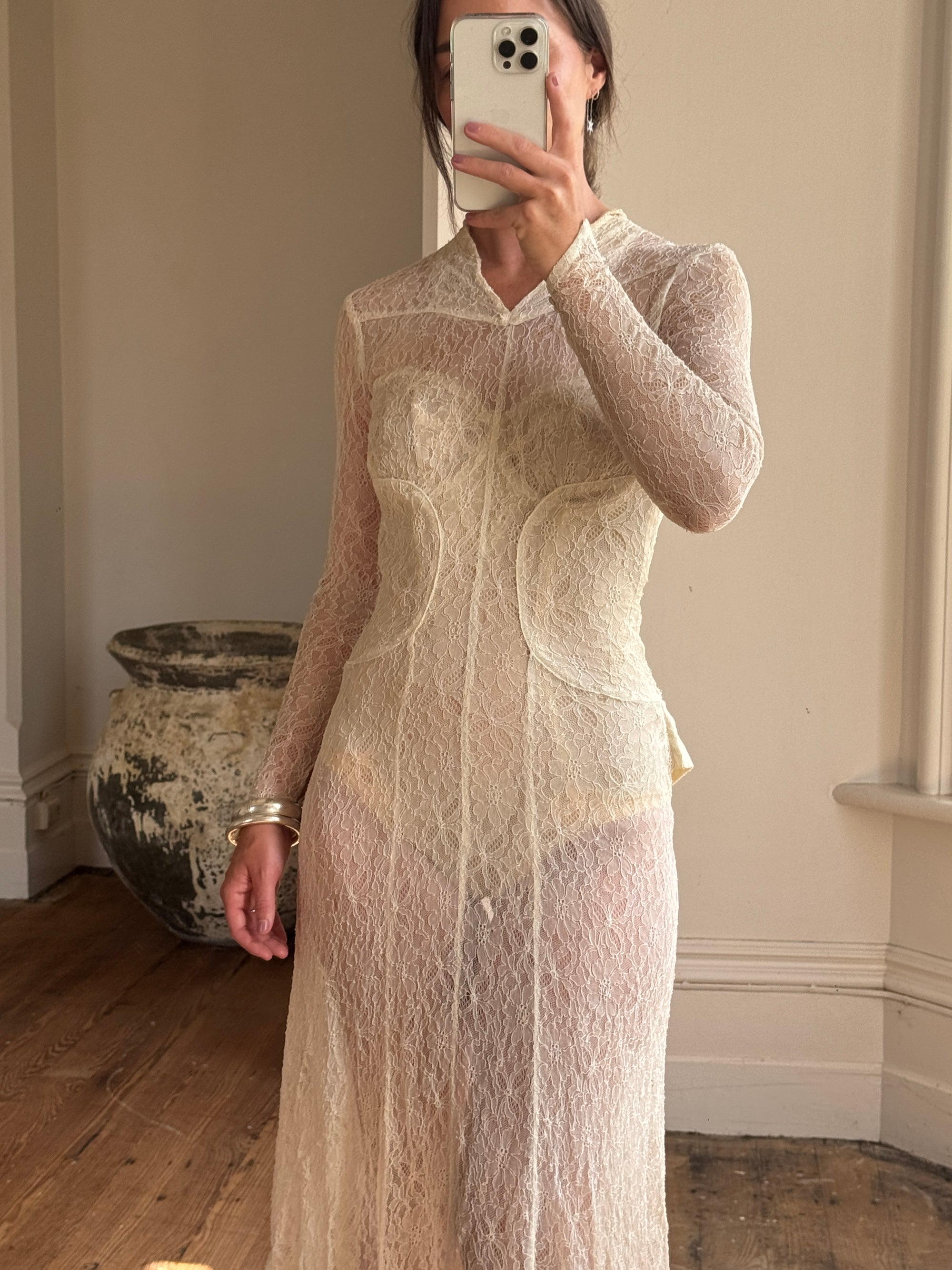 Vintage 20s Sheer Lace Bias Cut Wedding Gown