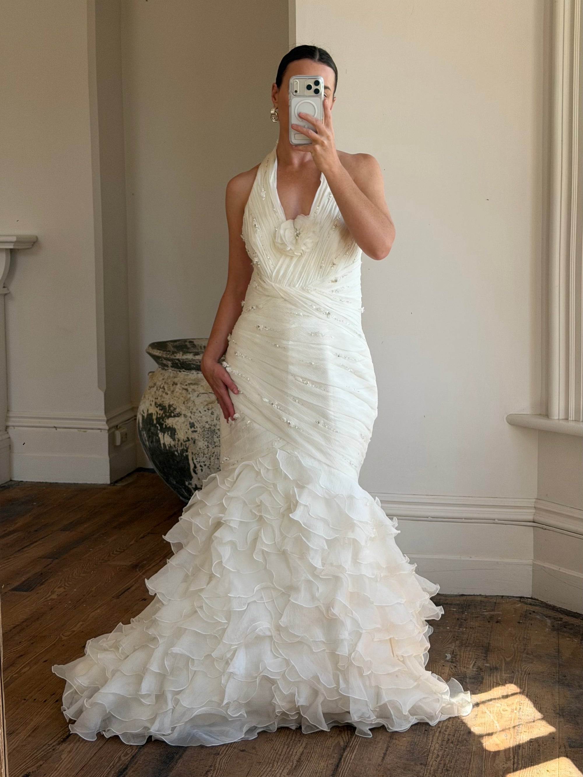 Vintage 90s Italian Plus Size Halter Ruffle Wedding Gown