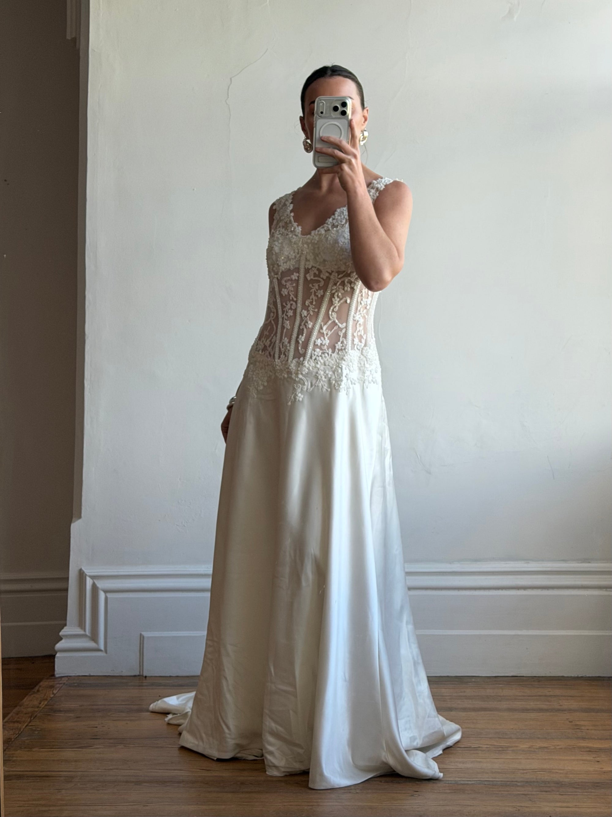 Vintage 90s Italian Naked Embroidered Satin Wedding Dress