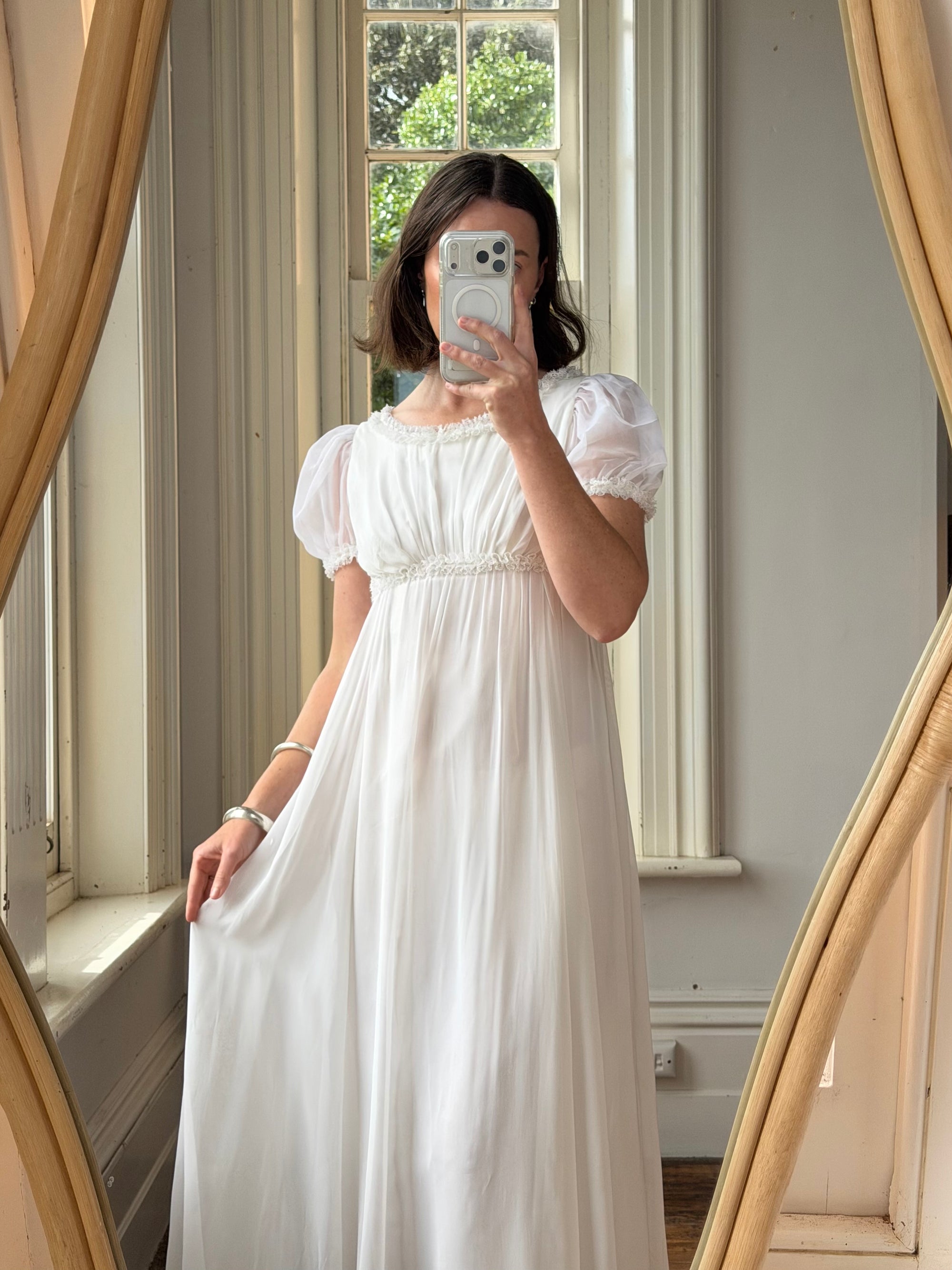 Vintage 70s White Chiffon Smocked Puff Sleeve Wedding Dress