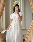 Vintage 70s White Chiffon Smocked Puff Sleeve Wedding Dress