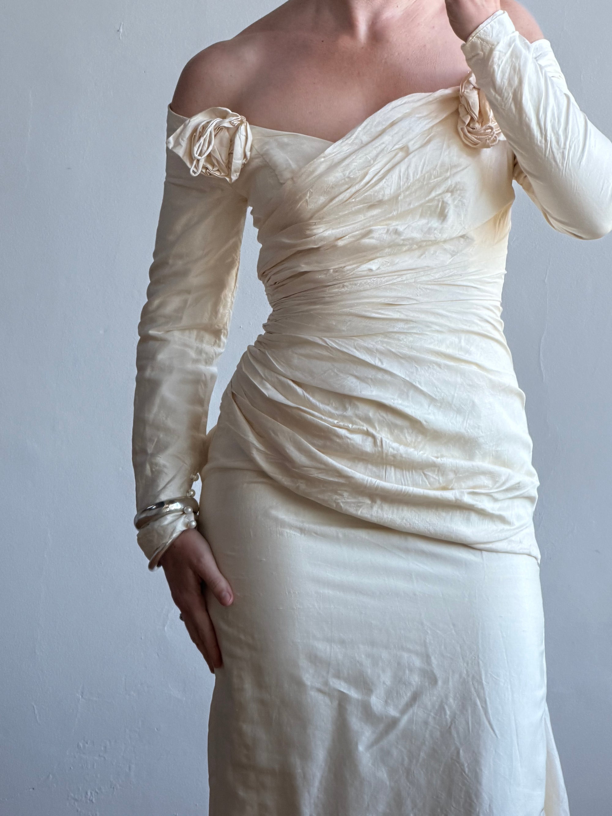 Vintage 90s Silk Rosette Off Shoulder Gown With Bow Train