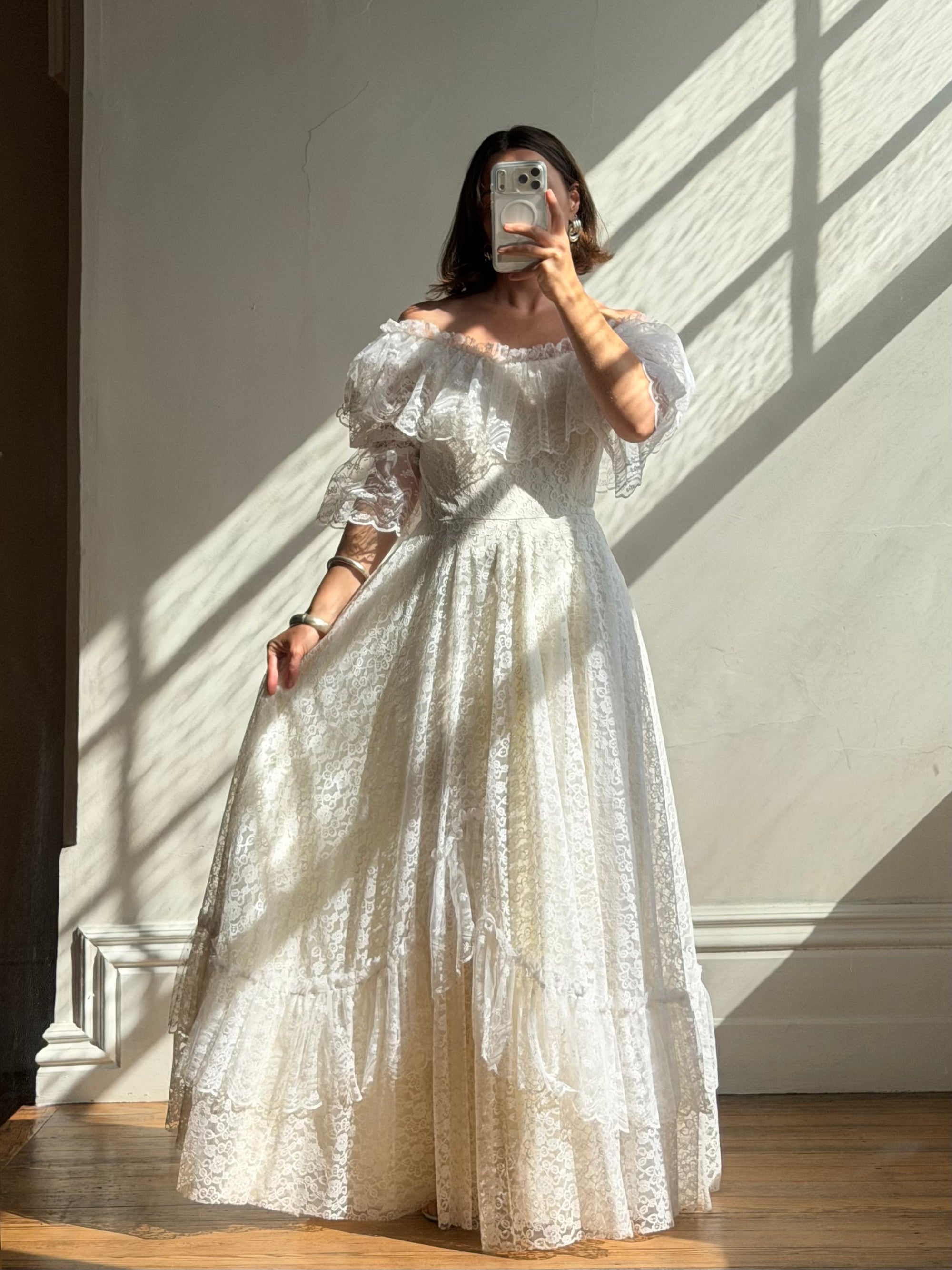 Vintage 70s Lace Prairie Wedding Dress