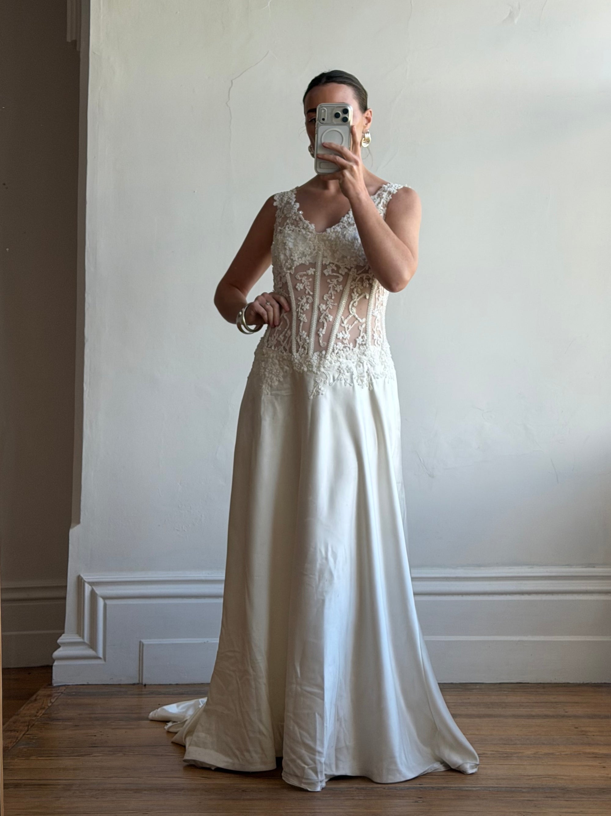 Vintage 90s Italian Naked Embroidered Satin Wedding Dress