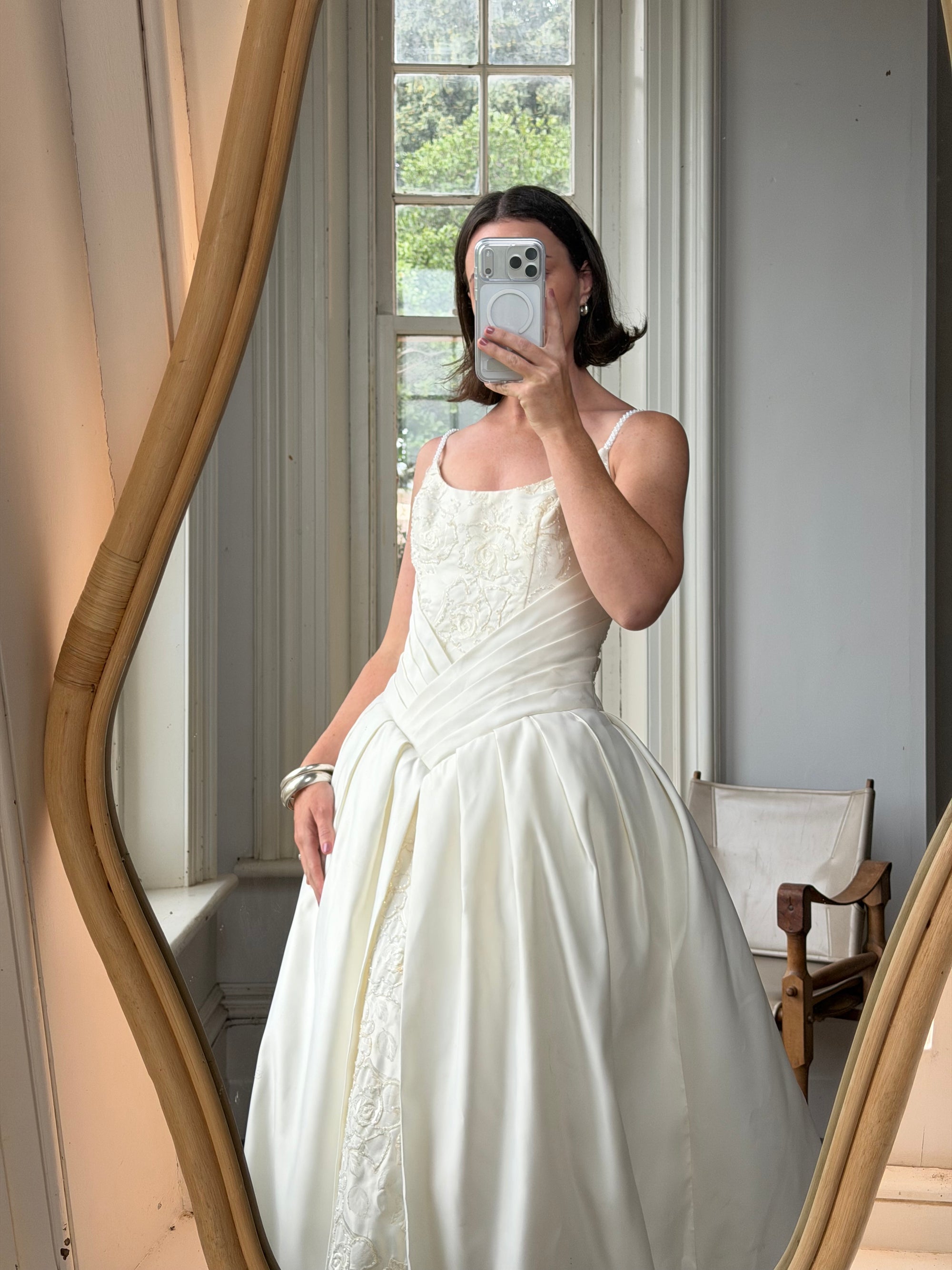 Vintage 90s Pleated Jacquard Satin Wedding Gown