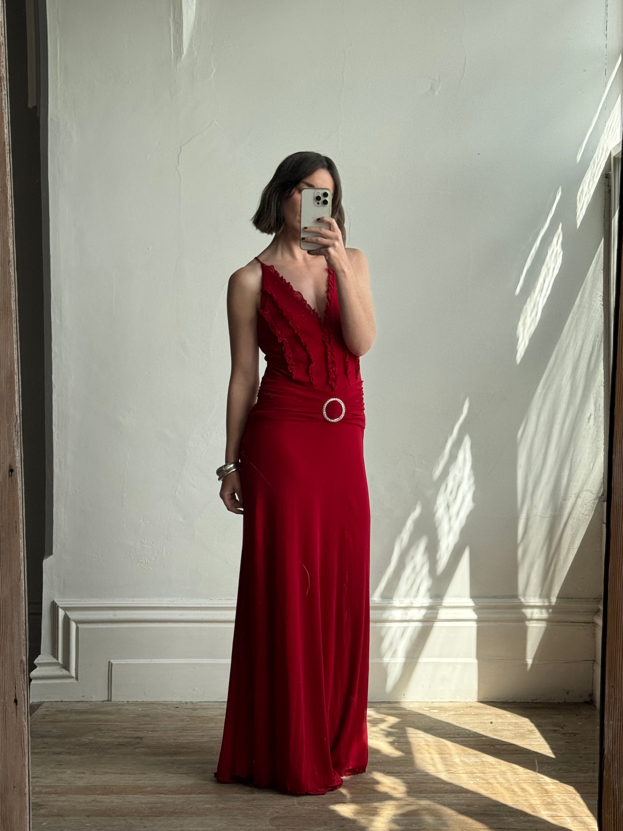 Vintage 90s Flame Red Ruffle Evening Dress with Rhinestone Belt