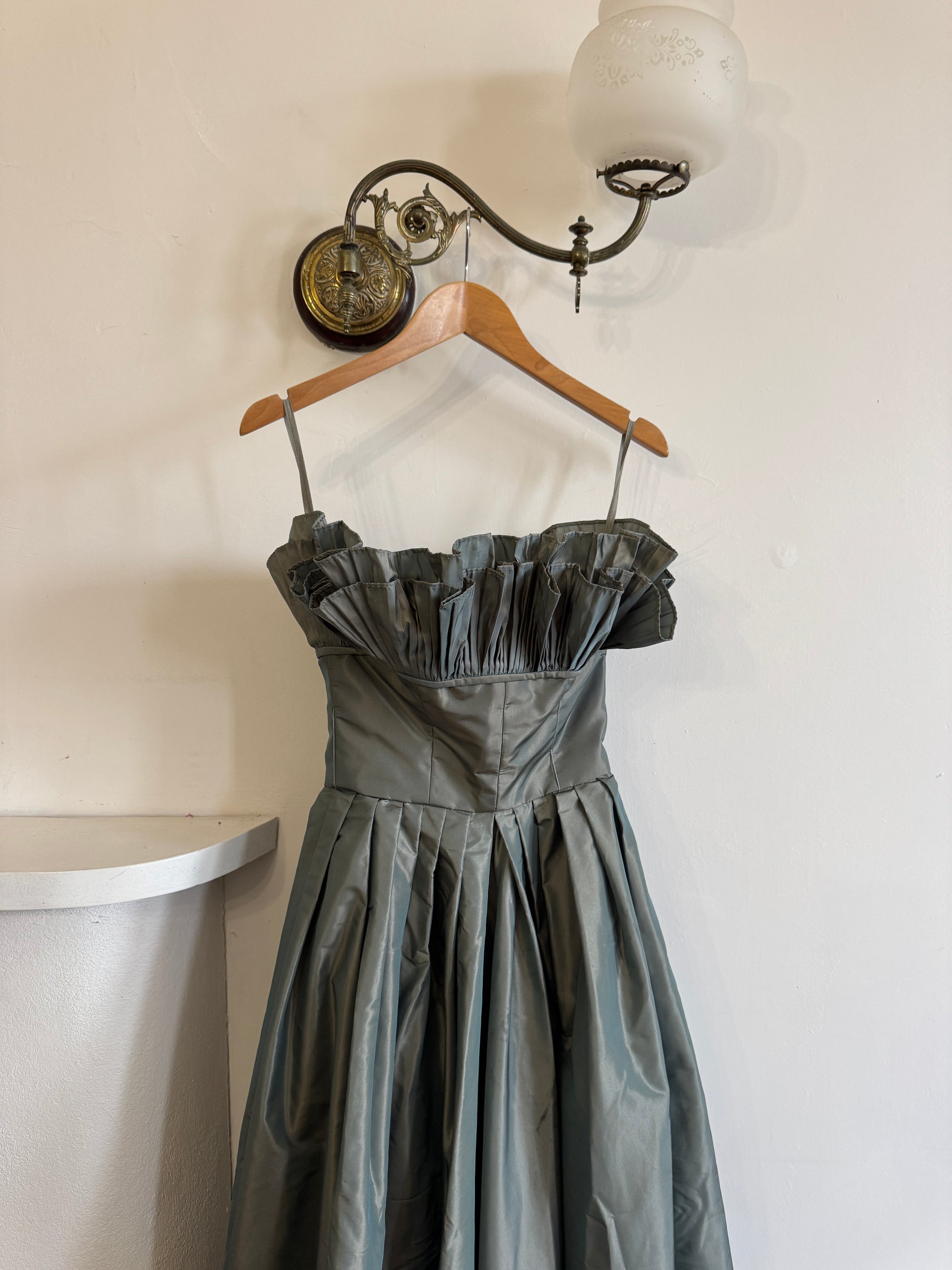 Vintage 80s Taffeta Pleated Strapless Gown Slate