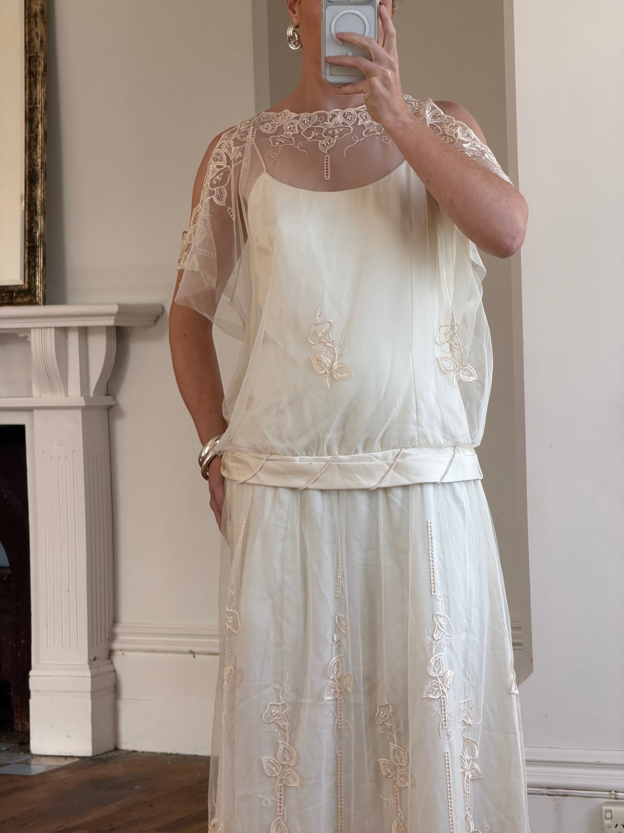 Vintage 80s Drop Waist Floral Sheer Midi Dress Creme