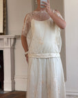 Vintage 80s Drop Waist Floral Sheer Midi Dress Creme