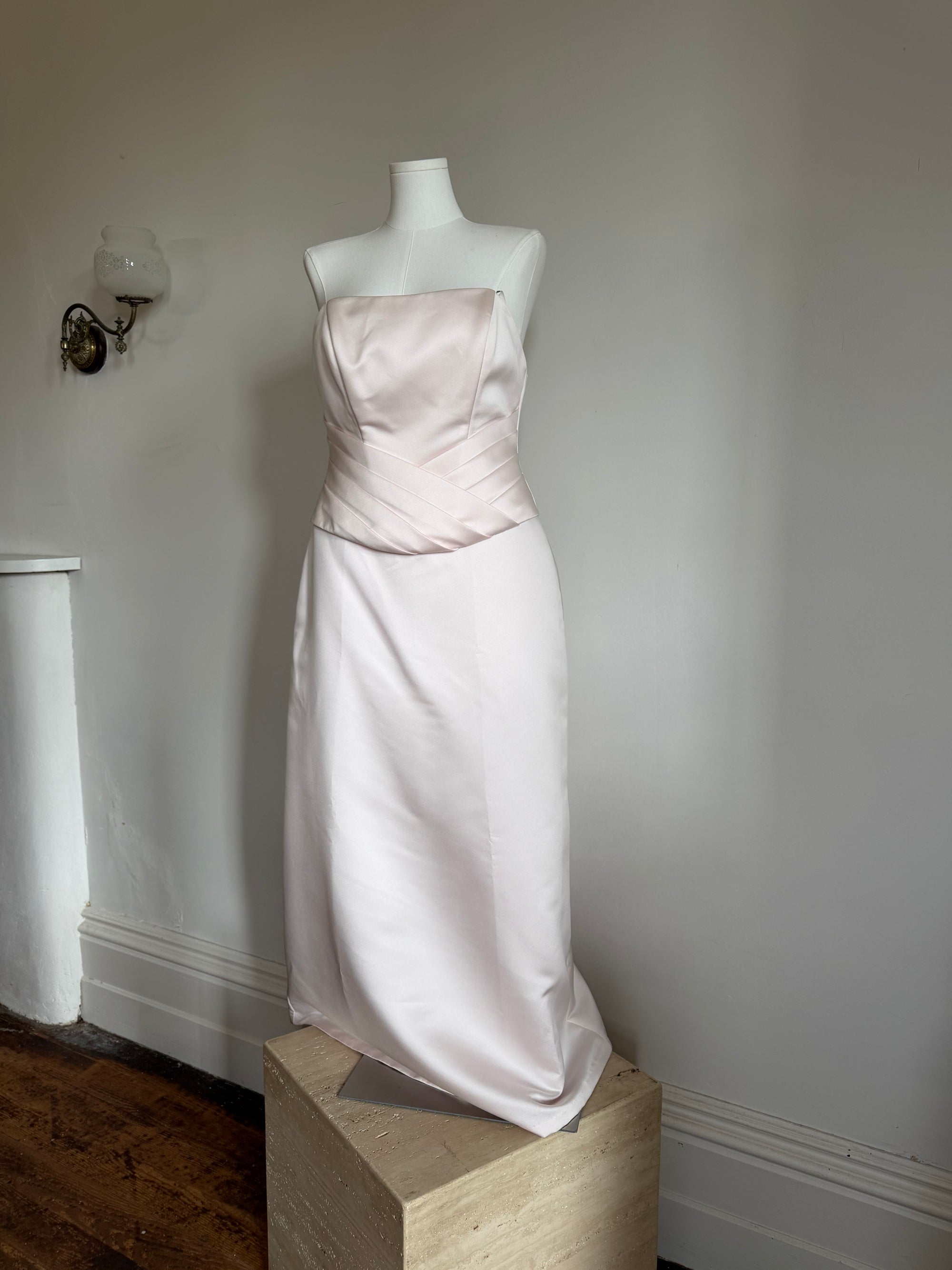 Vintage 90s Baby Pink Satin Pleated Bustier and Skirt Set