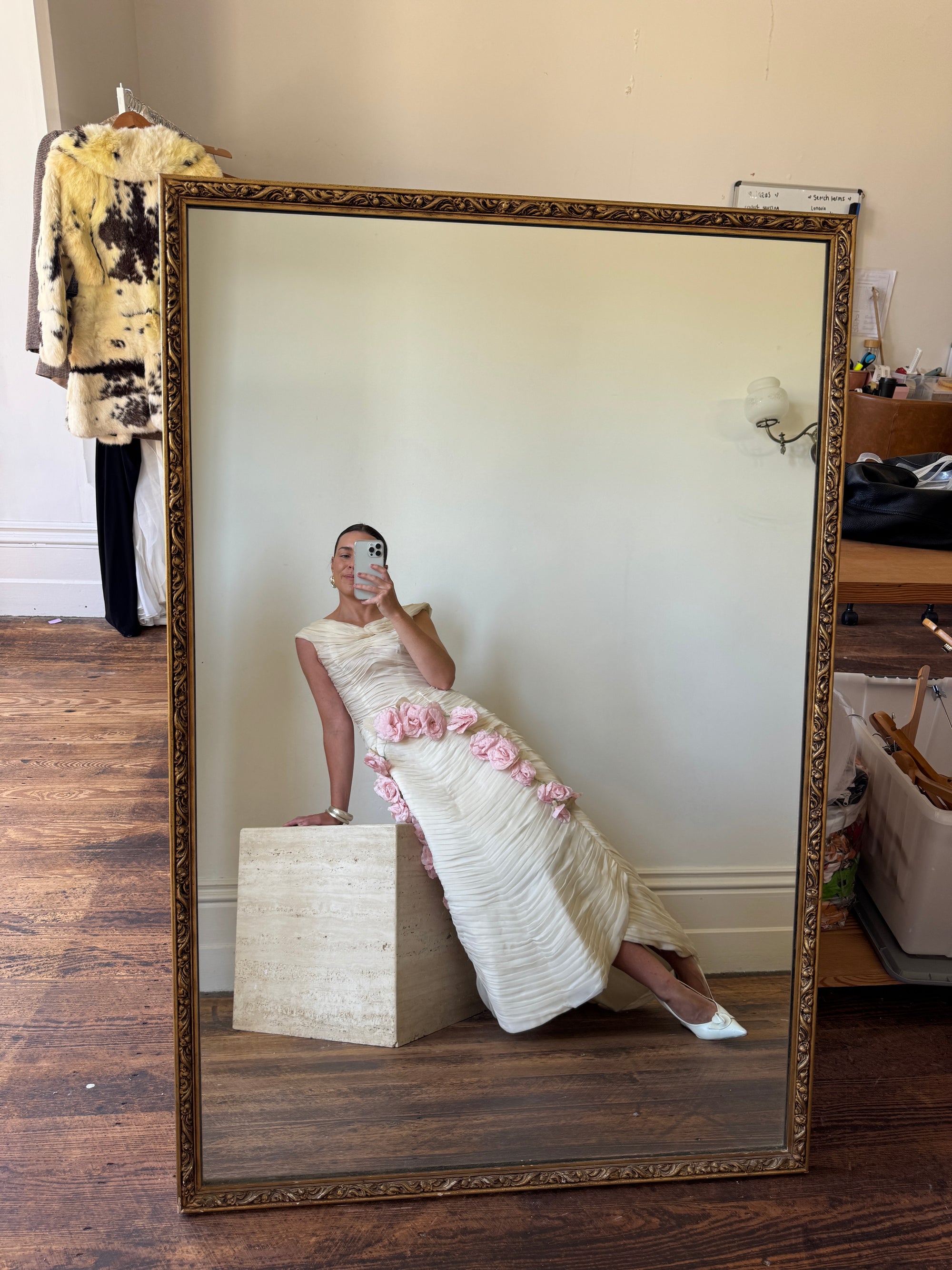 Vintage 60s Silk Pleated Wedding Gown with Pink Flowers