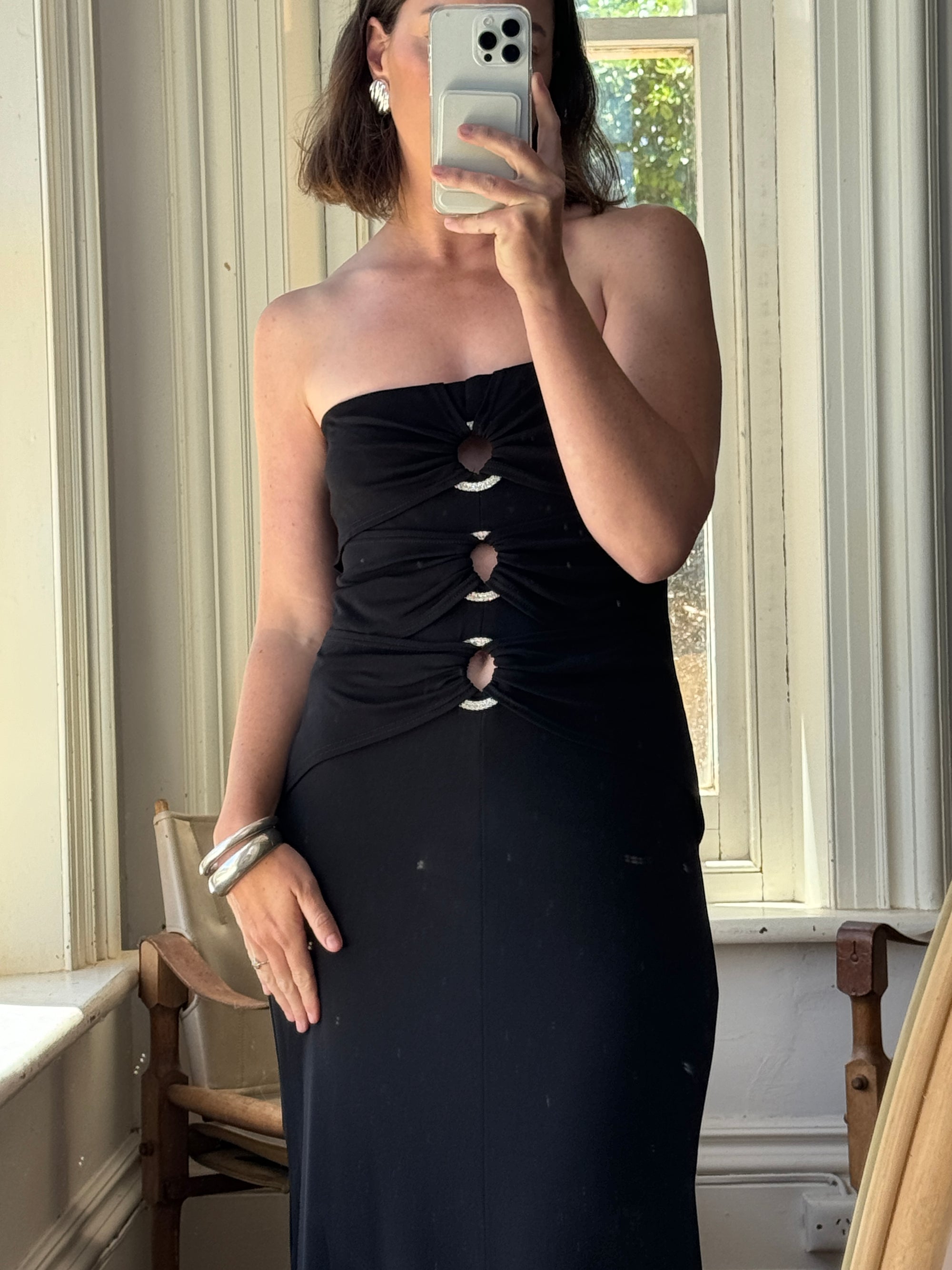 Vintage 90s Strapless Jersey Maxi Dress With Rhinestone Loops