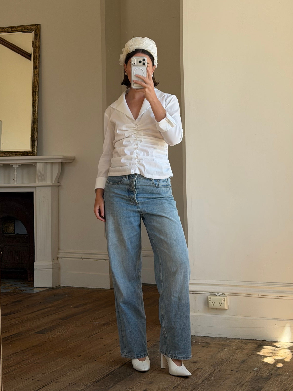Vintage 90s Structured Collar Gathered Blouse Crisp White