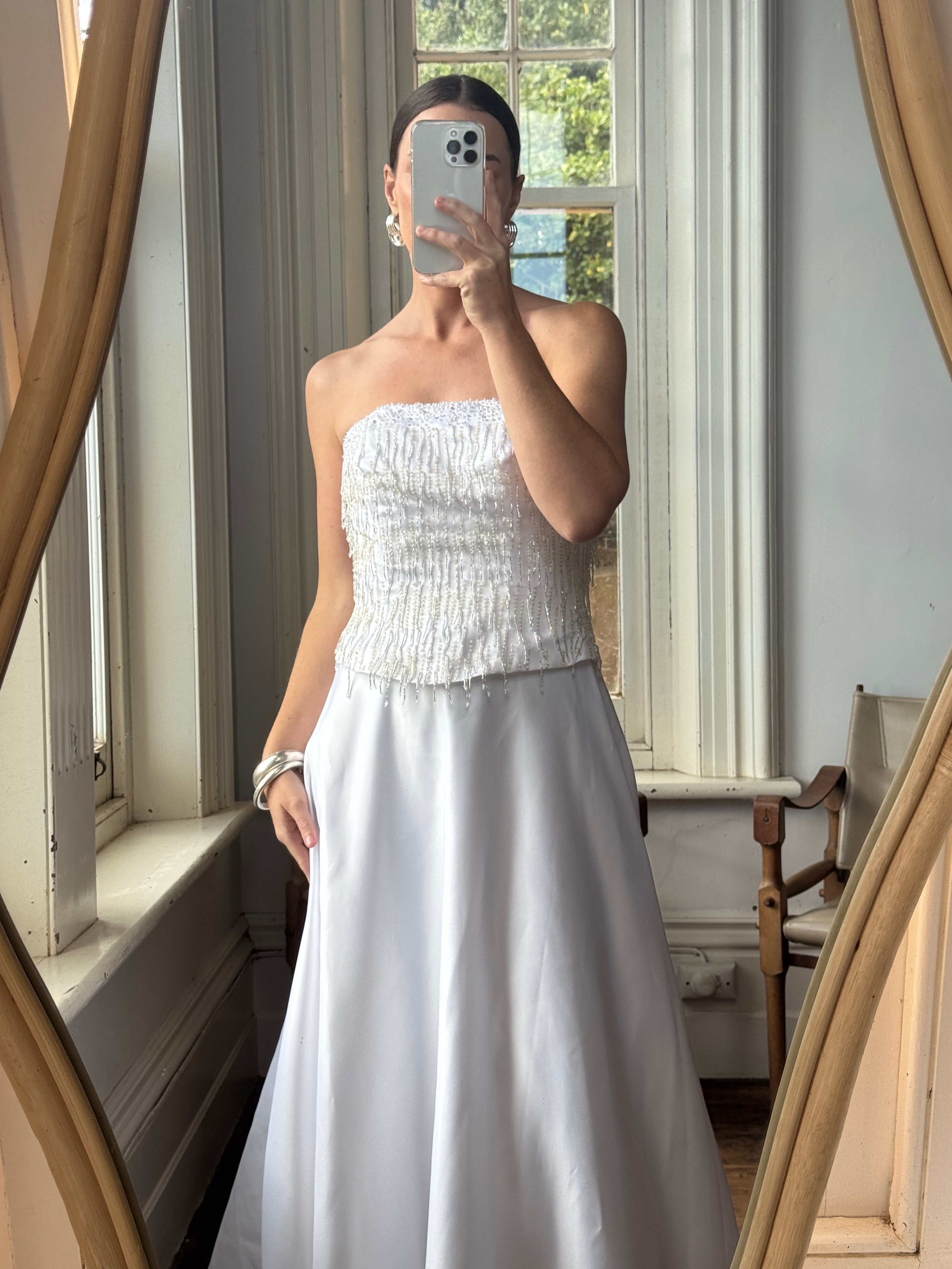 Vintage 90s Beaded Tassel Strapless Satin Wedding Gown