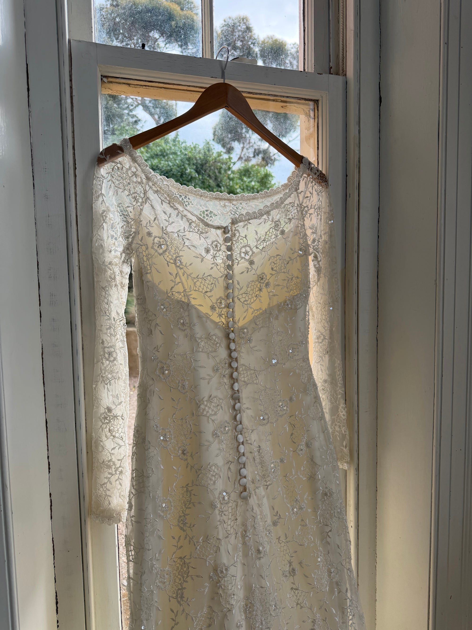 Vintage 90s Italian Beaded Lace and Satin Wedding Gown