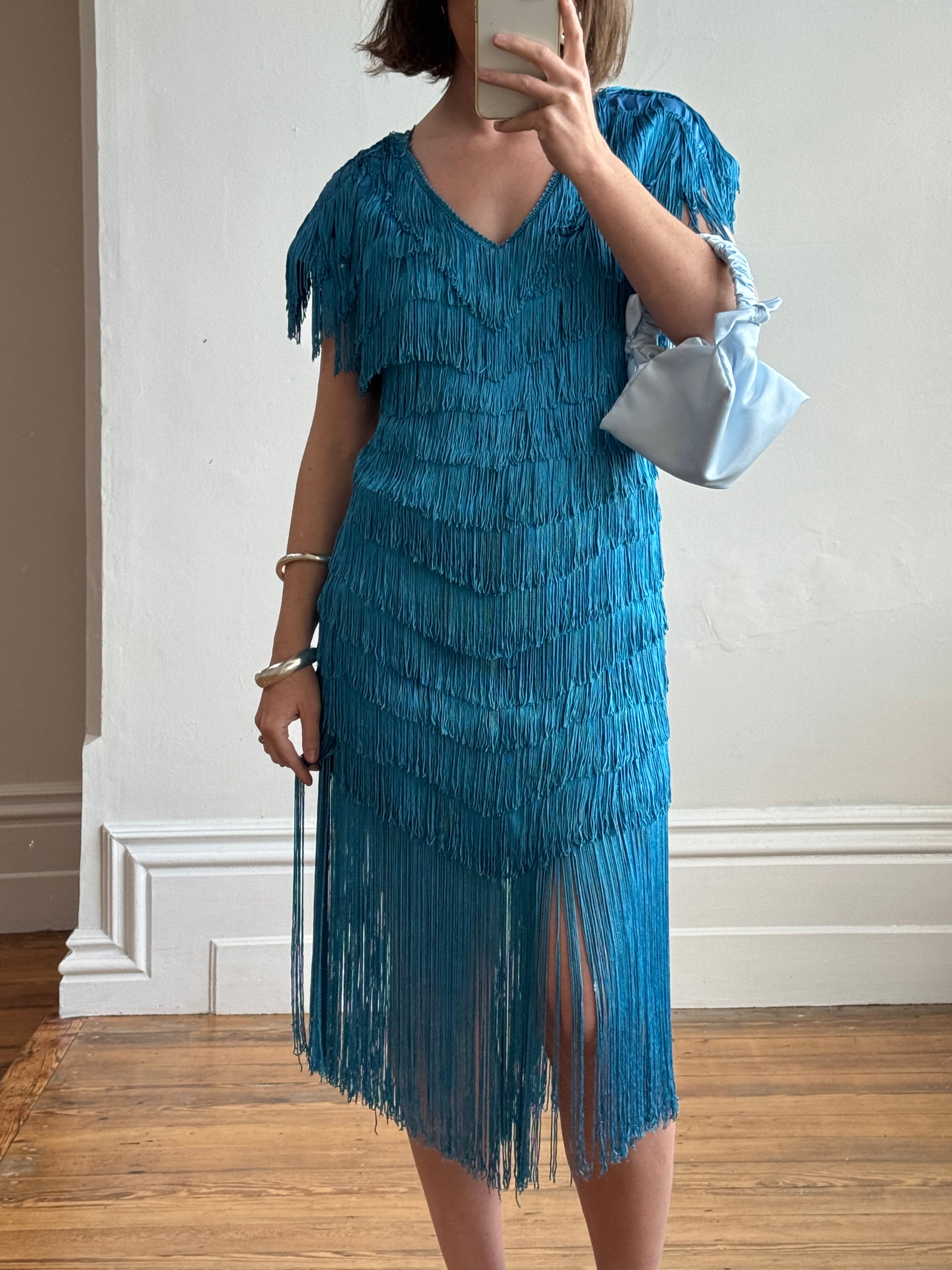 Vintage 80s Fringe Party Dress Ocean Blue