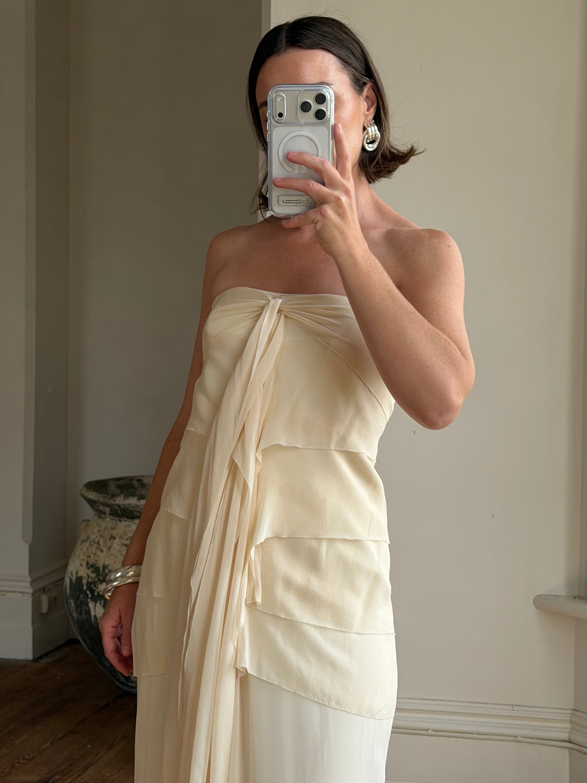 Vintage 90s Pure Silk Waterfall Strapless Bridal Gown