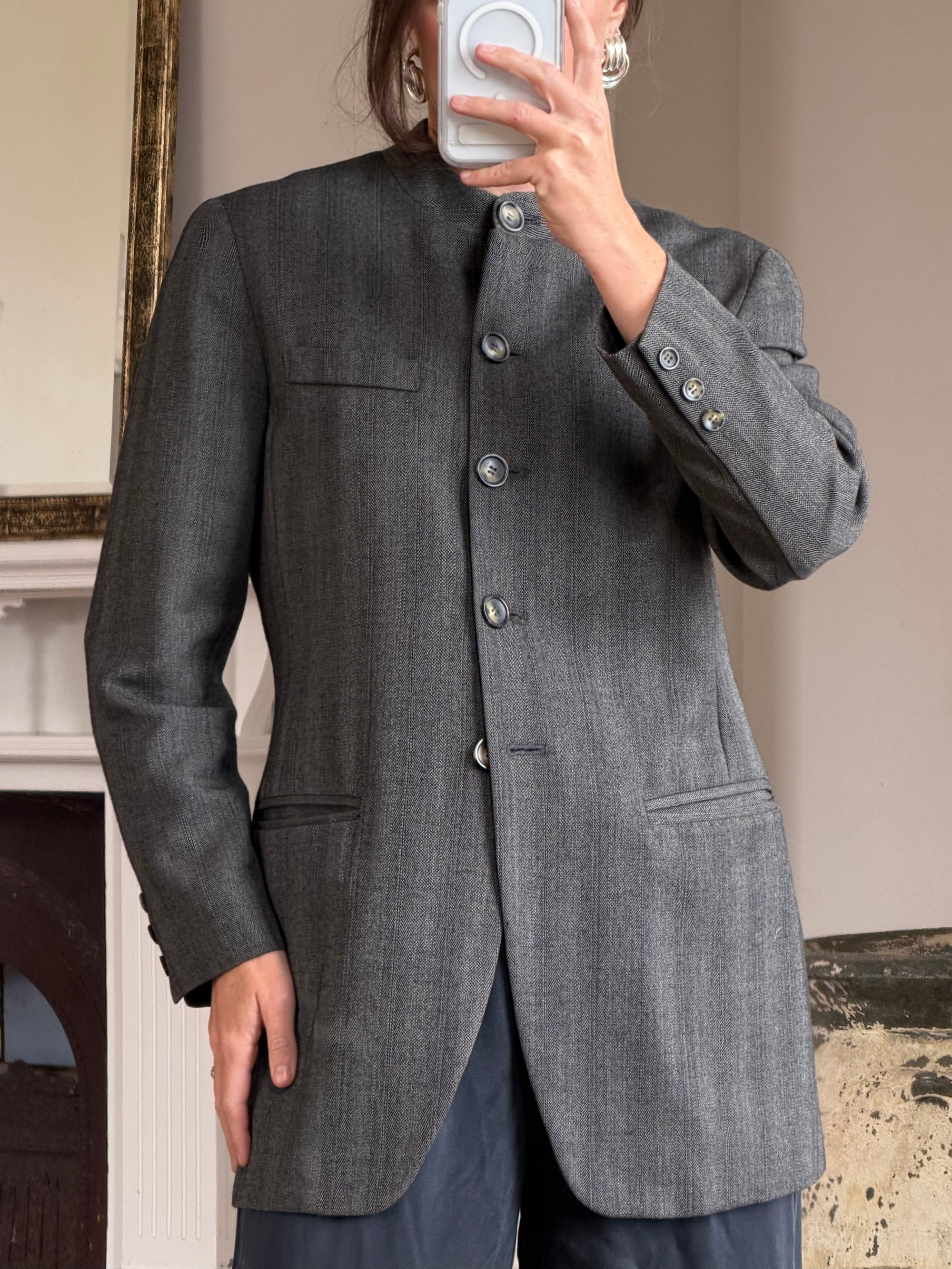 Vintage 90s Australian Made Mandarin Collar Wool Blazer Charcoal