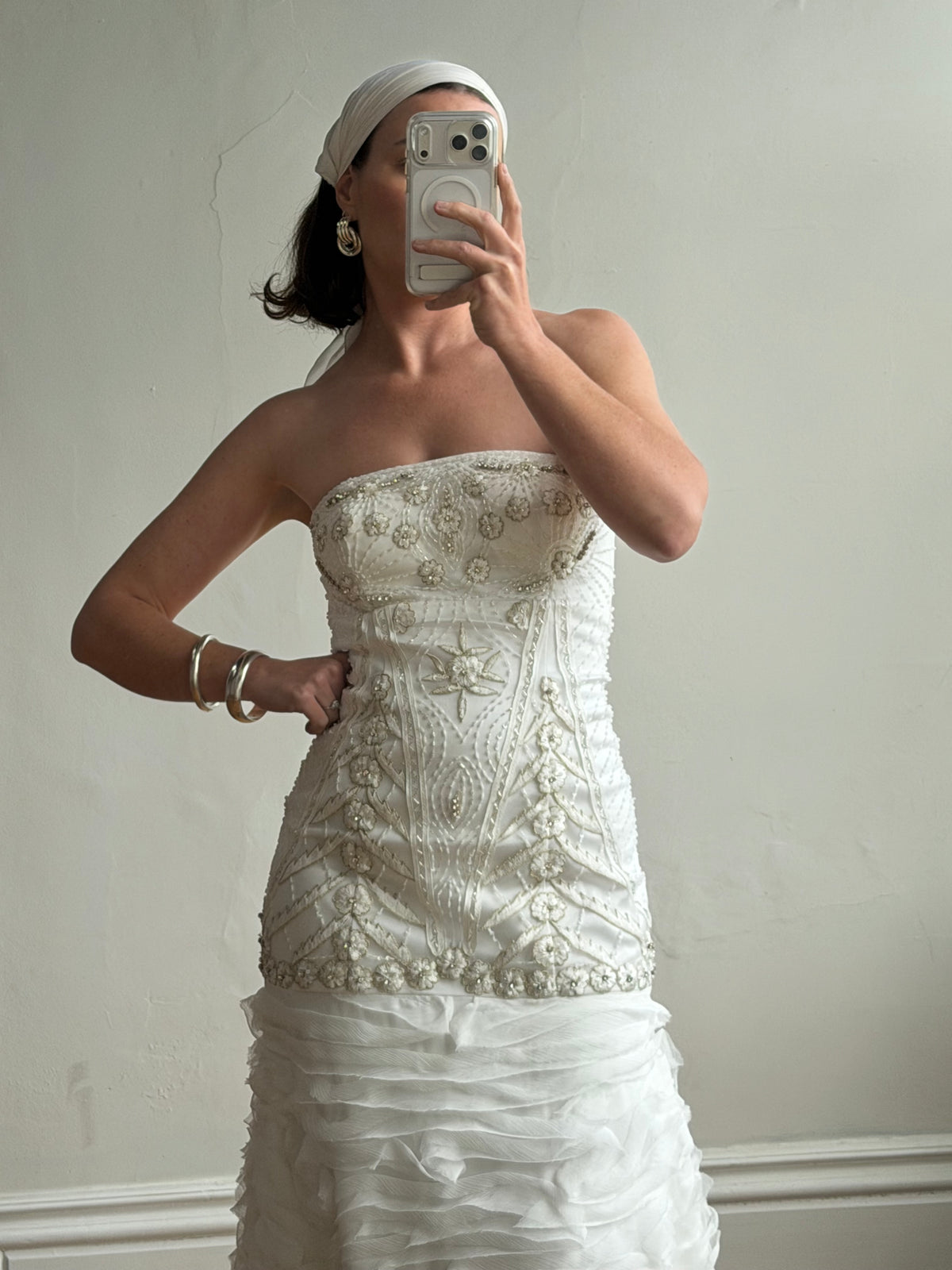 Vintage 90s Strapless Embellished Ruffled Wedding Gown
