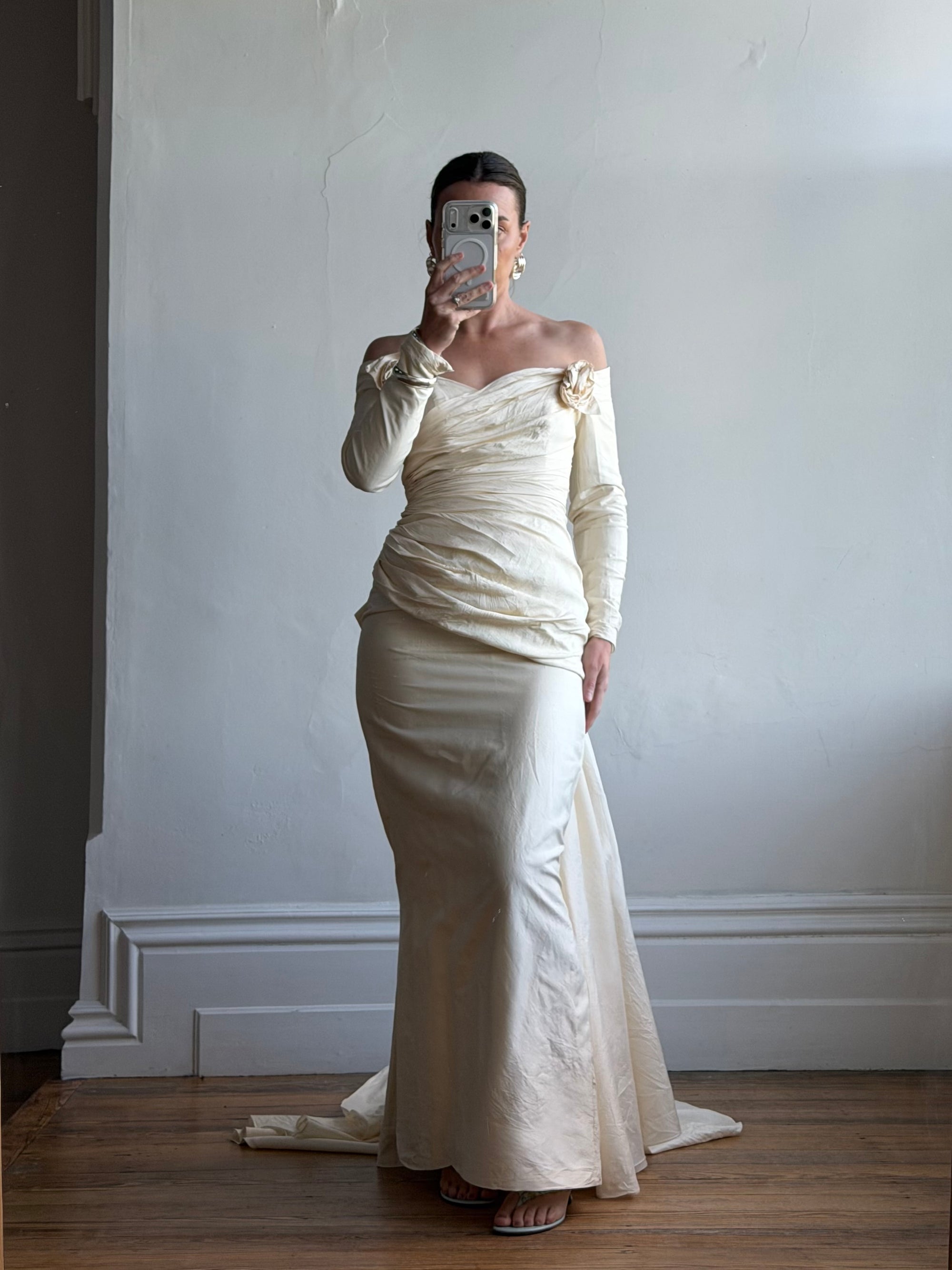 Vintage 90s Silk Rosette Off Shoulder Gown With Bow Train