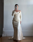 Vintage 90s Silk Rosette Off Shoulder Gown With Bow Train