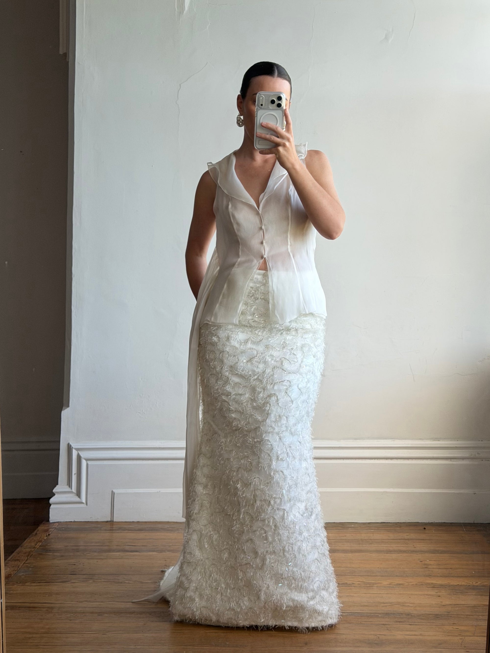 Vintage 90s Italian Organza Tie Top and Feather Skirt Bridal Set