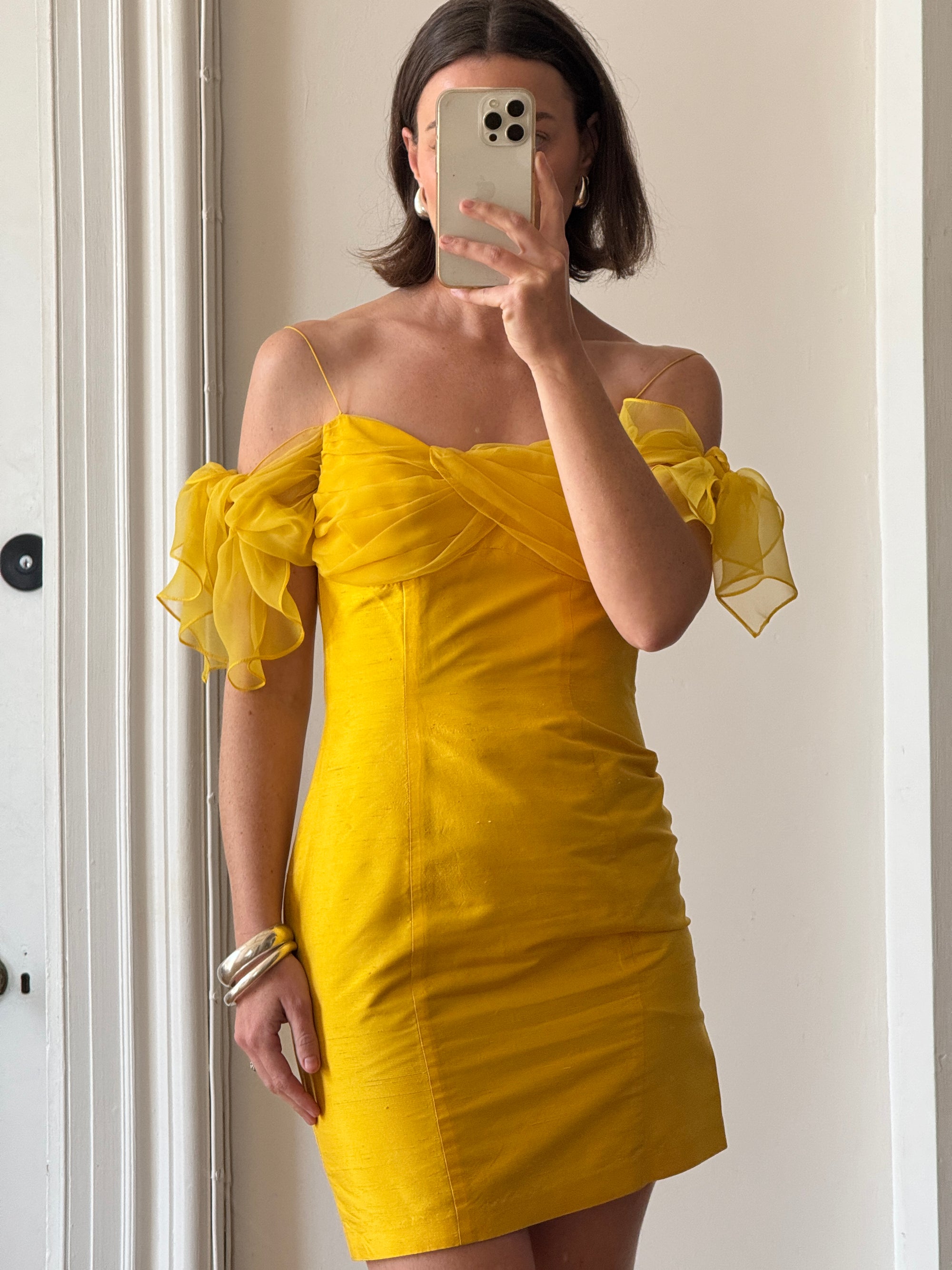 Vintage 90s Pure Silk Mini Dress Sunshine Yellow