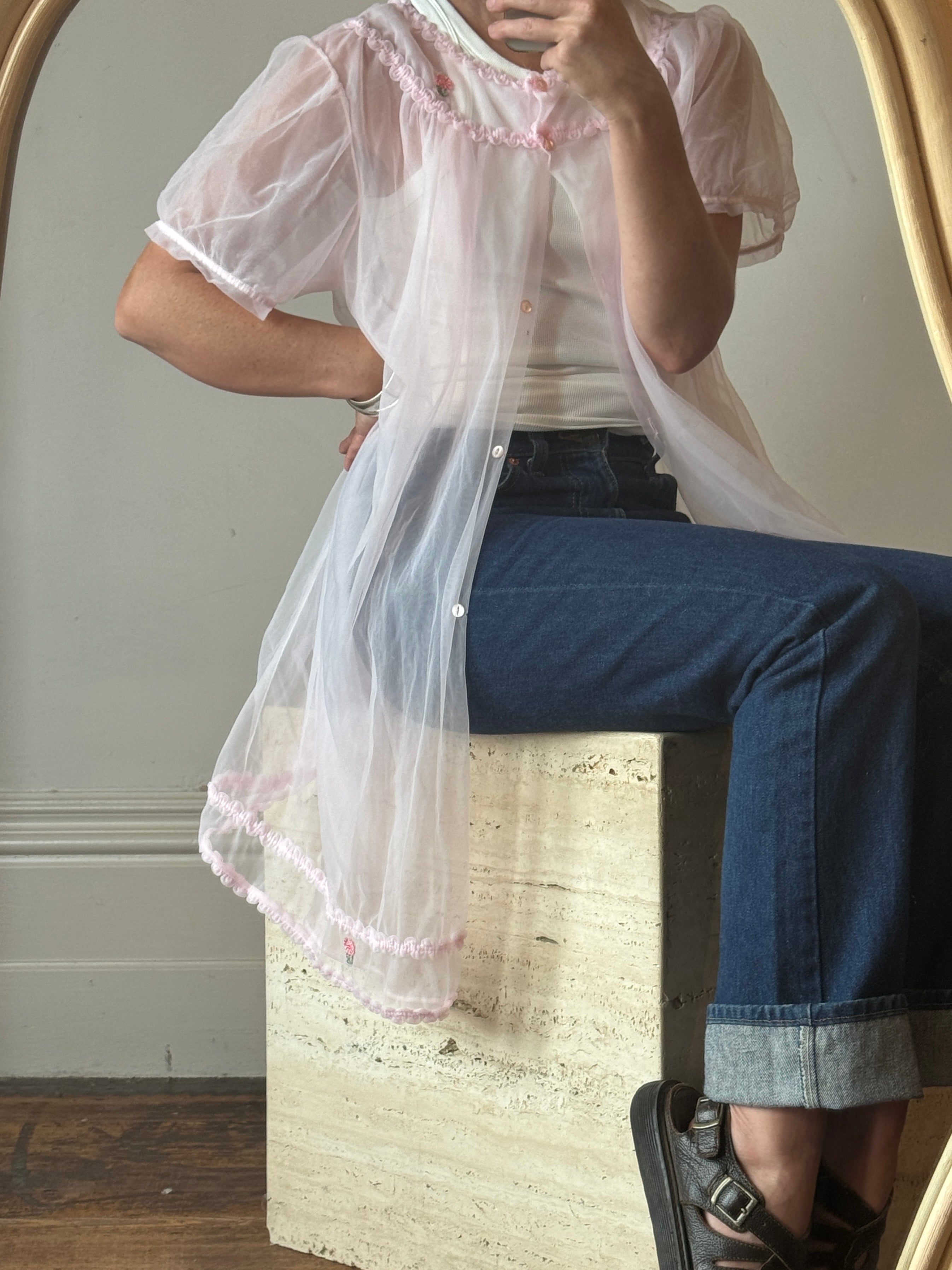 Vintage Baby Pink Sheer Embroidered Overlay