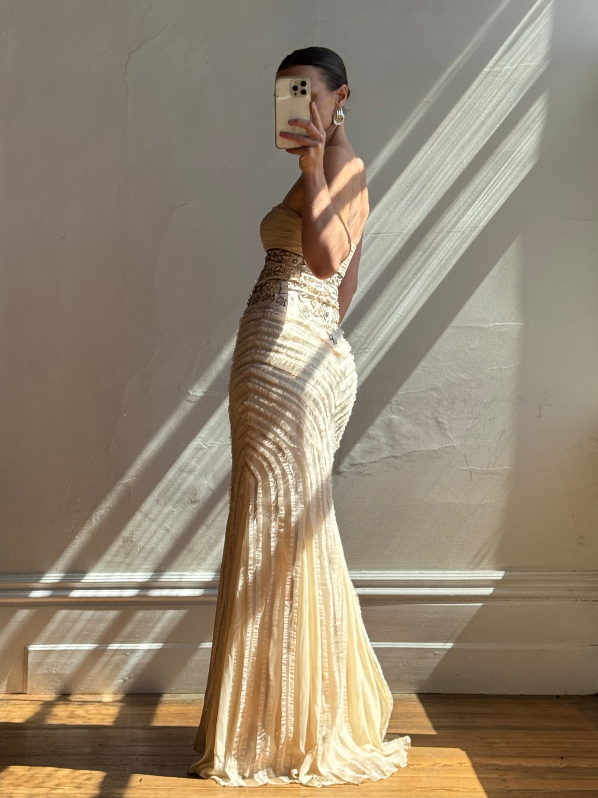 Vintage 90s Embroidered Waist Strapless Wedding Dress Creme