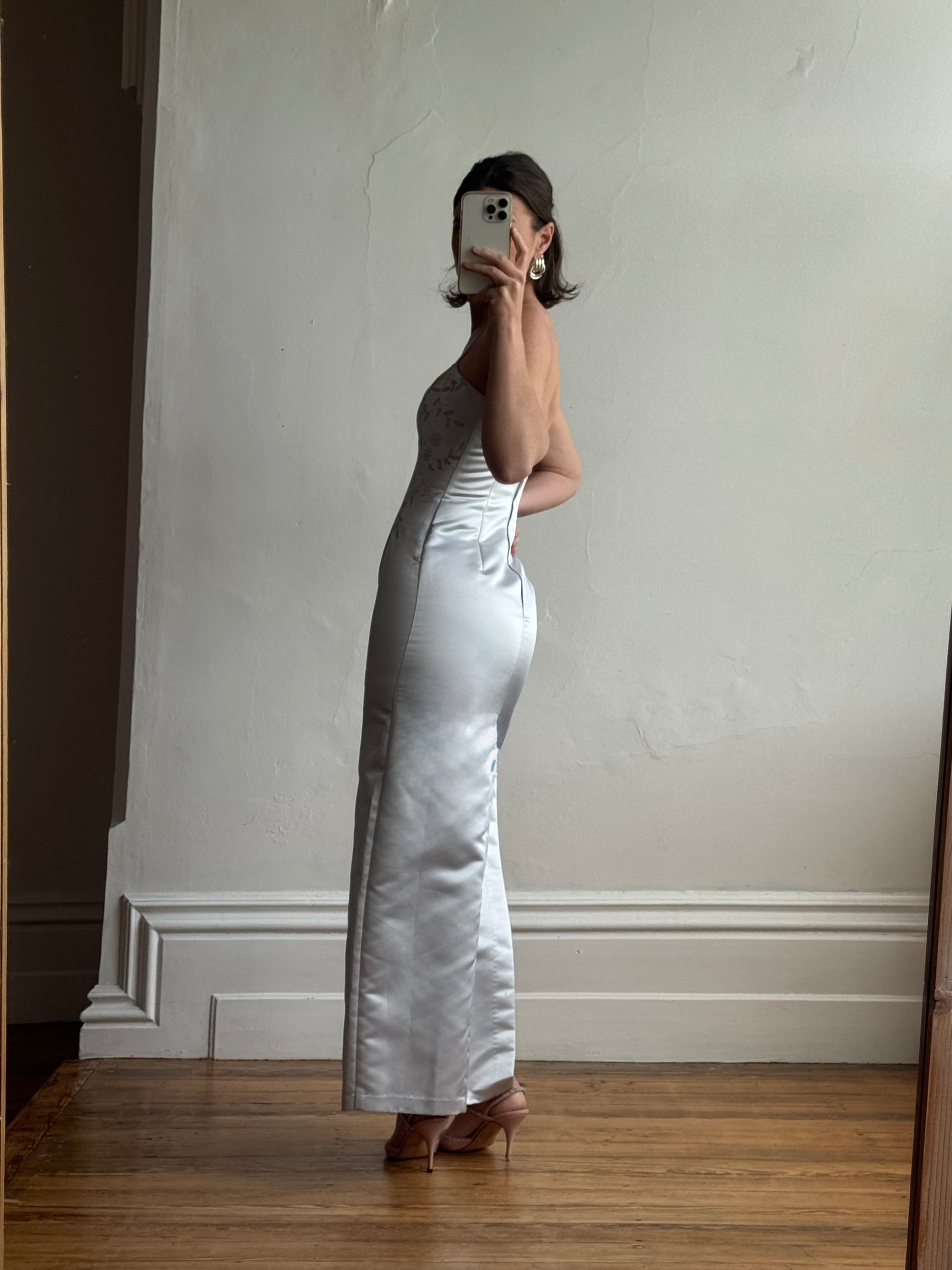 Vintage 90s Baby Blue Satin Embroidered Floral Column Midi