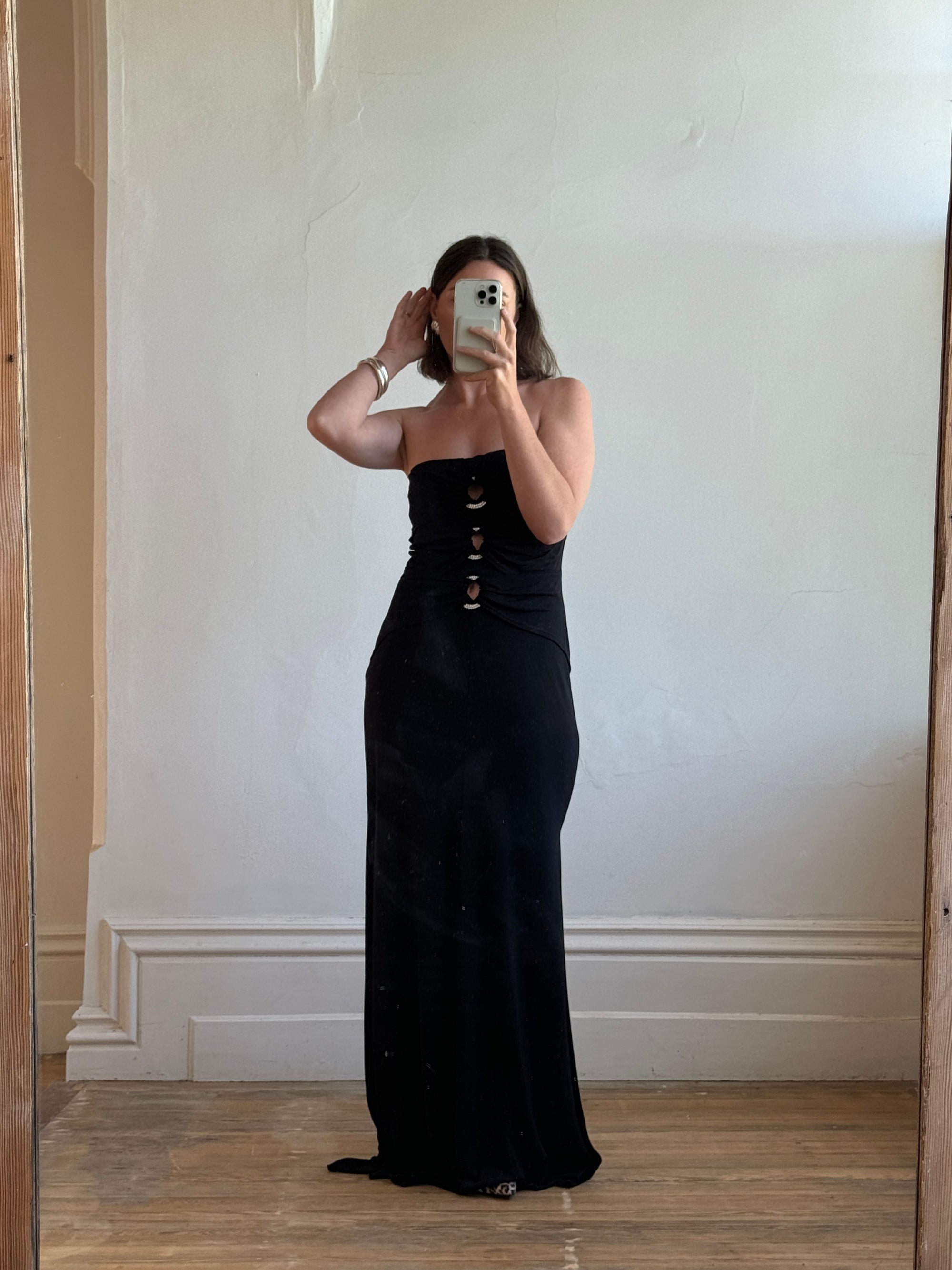 Vintage 90s Strapless Jersey Maxi Dress With Rhinestone Loops