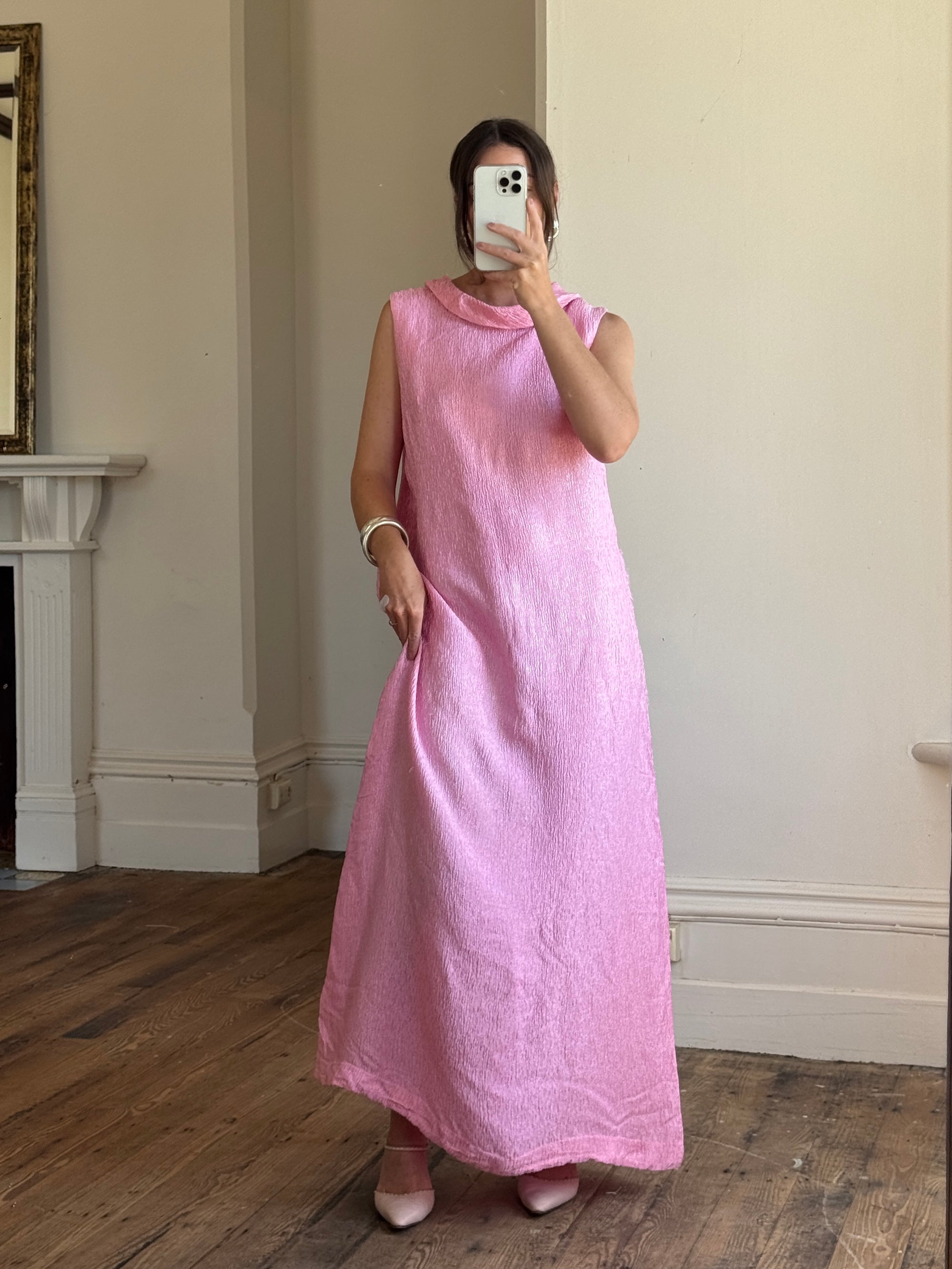 Vintage 80s Boat Neck Crinkle Dress Hot Pink