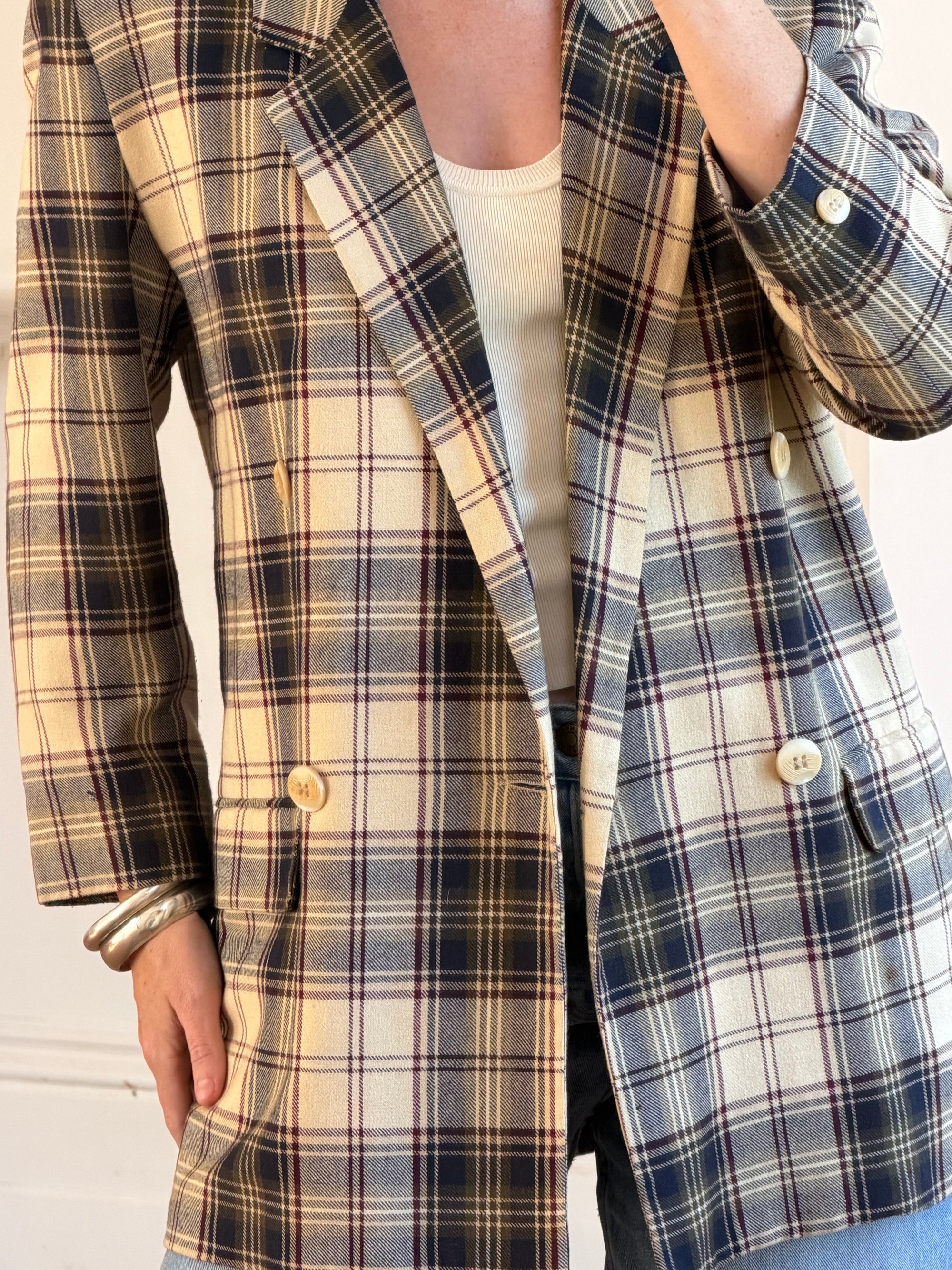 Vintage 90s Plaid Blazer Navy, Burgundy and Cream