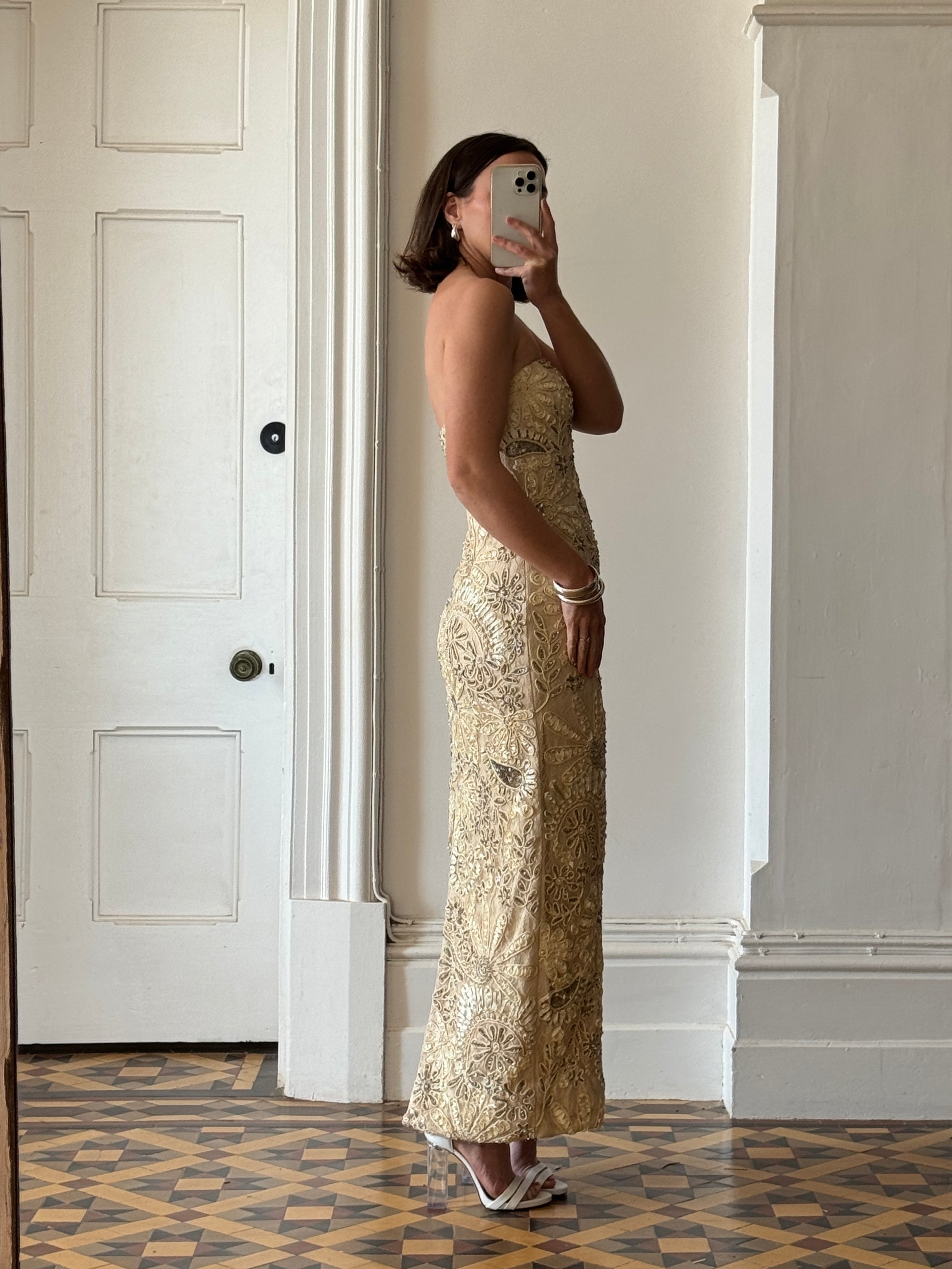 Vintage 90s Strapless Cream Ribbon Bead Embroidered Midi