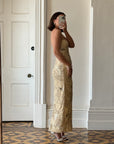 Vintage 90s Strapless Cream Ribbon Bead Embroidered Midi
