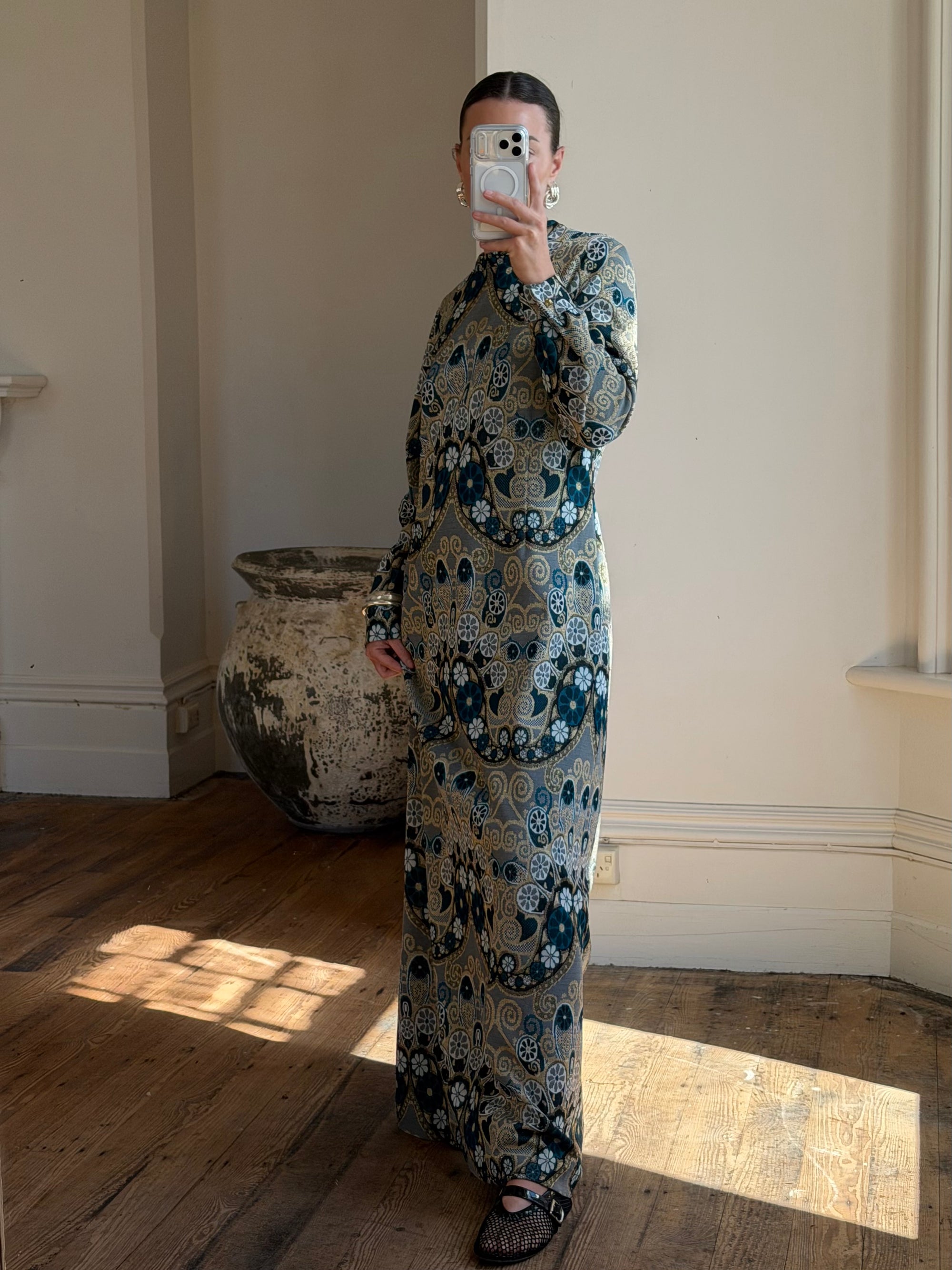 Vintage 70s Paisley Tapestry Long Sleeved Maxi Dress Blue