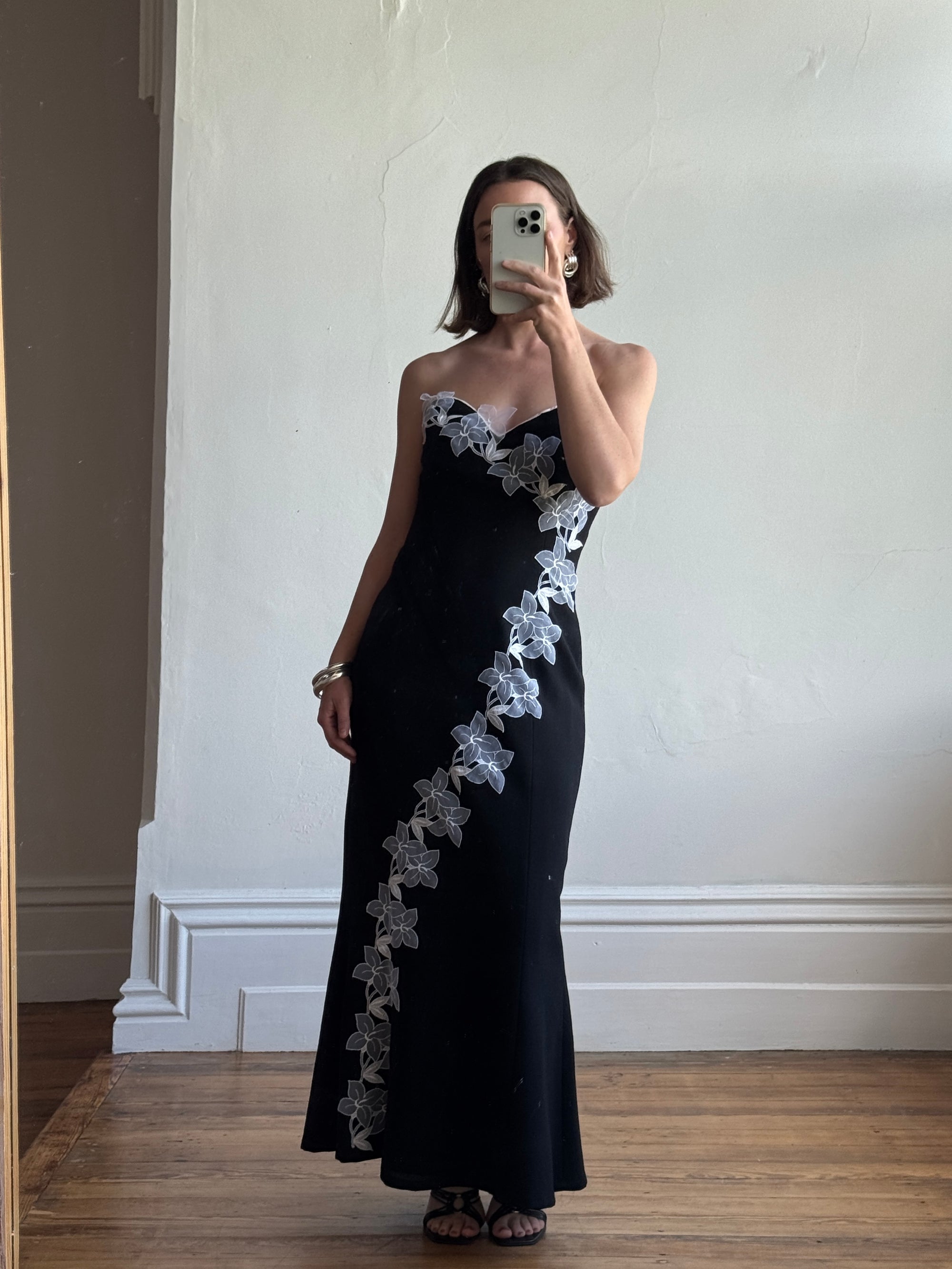 Vintage 90s Black Mermaid Dress with White Organza Flower Applique